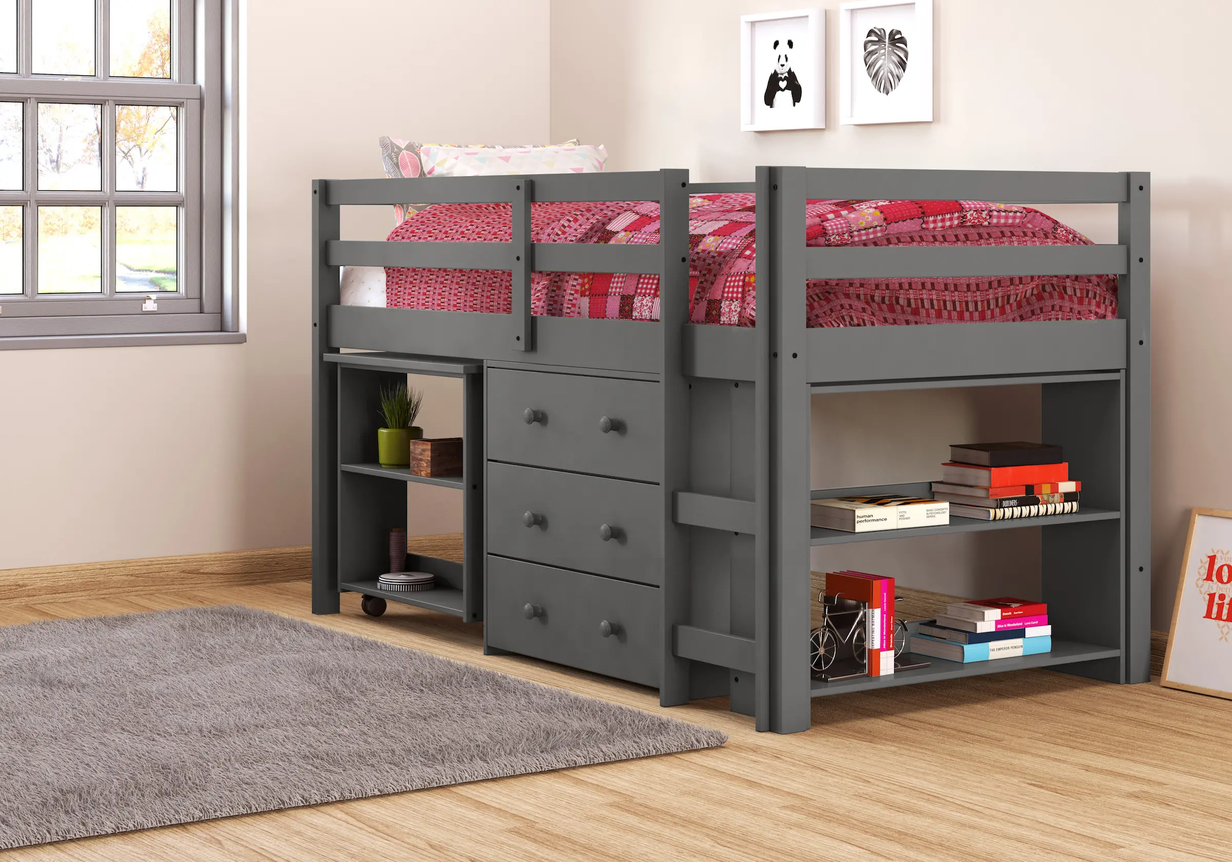 Kaycee Dark Gray Twin Loft Bed with Student Desk-1