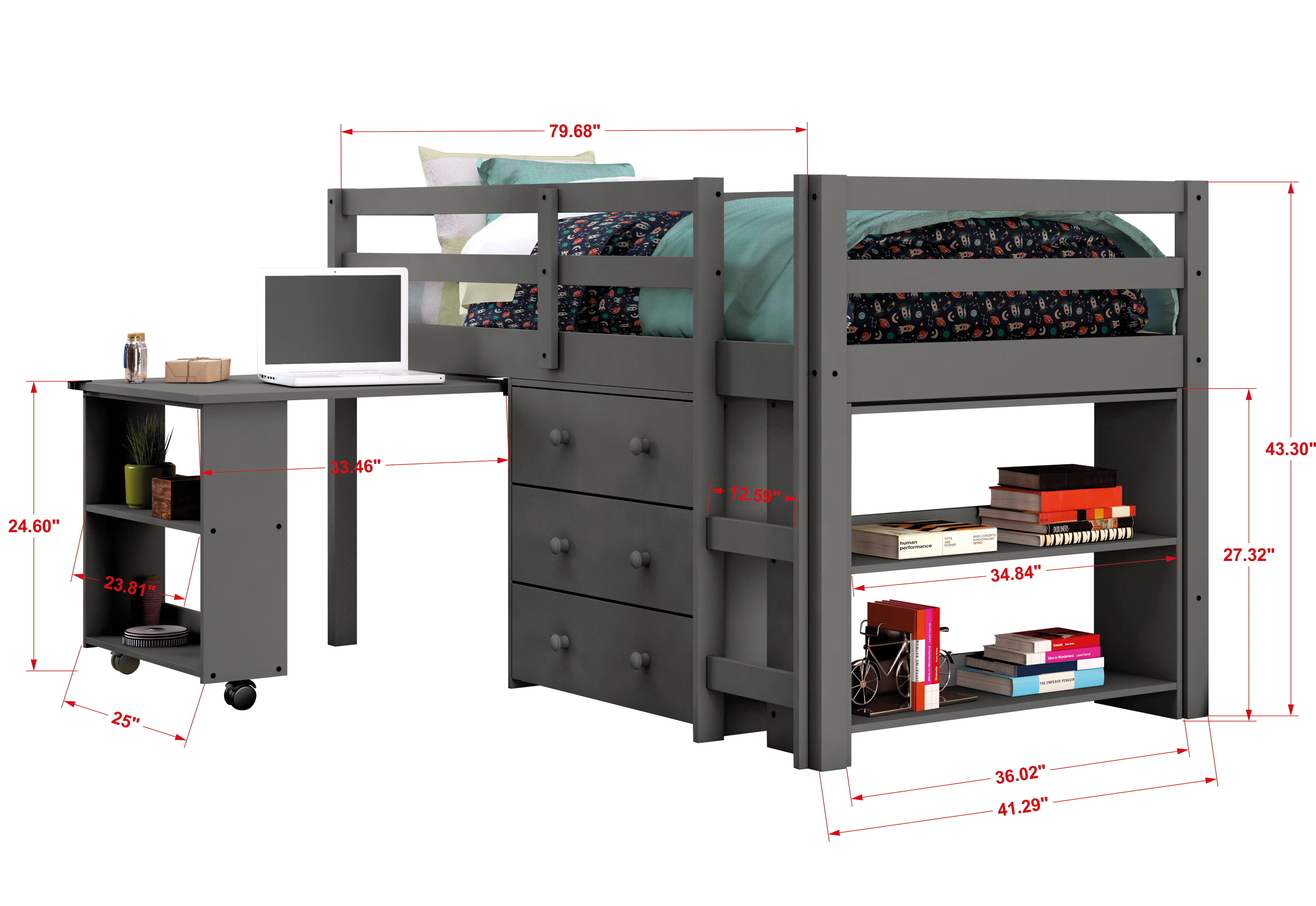 Kaycee Dark Gray Twin Loft Bed with Student Desk-4
