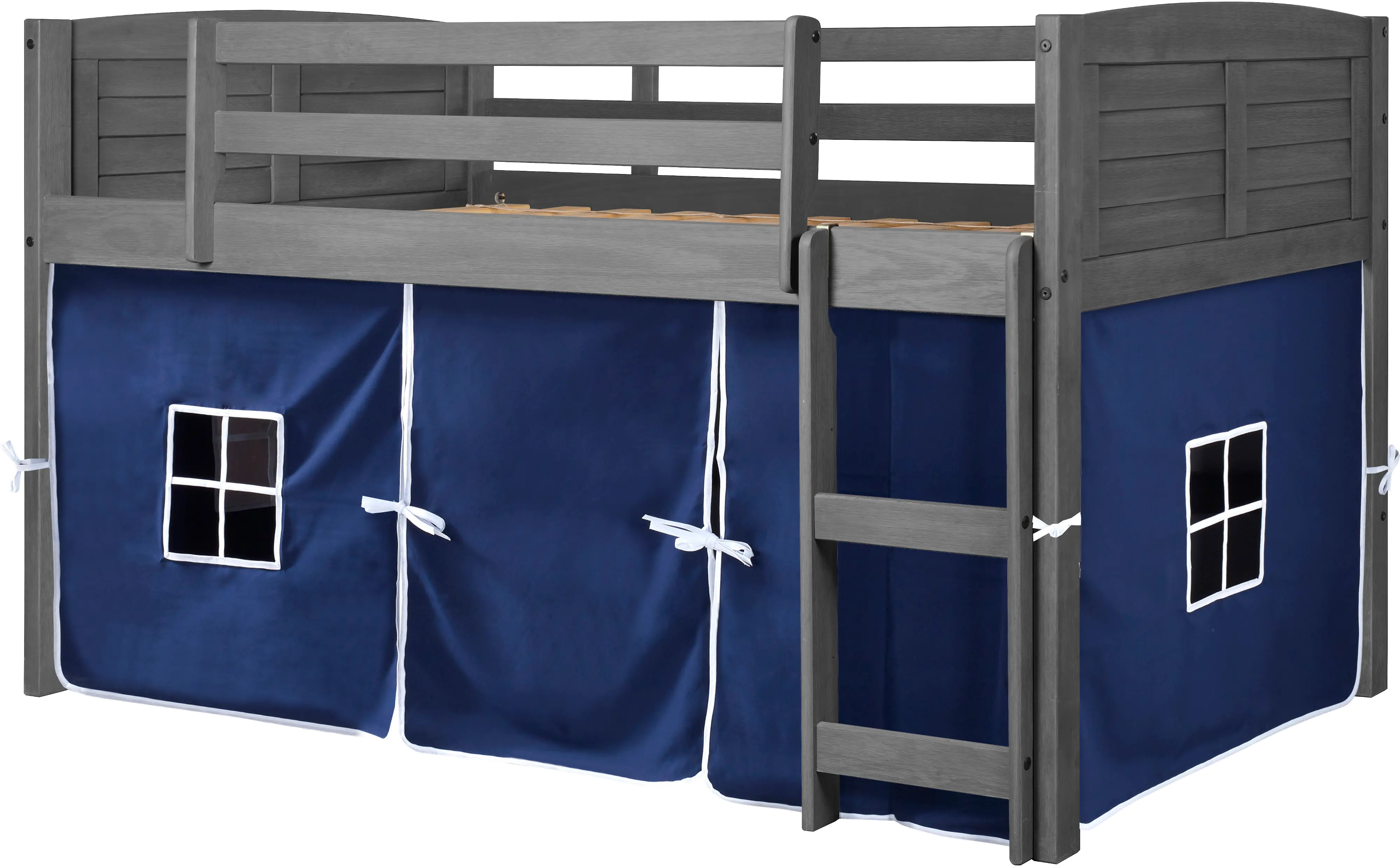 Louver Antique Gray Twin Loft Bed with Blue Tent-2