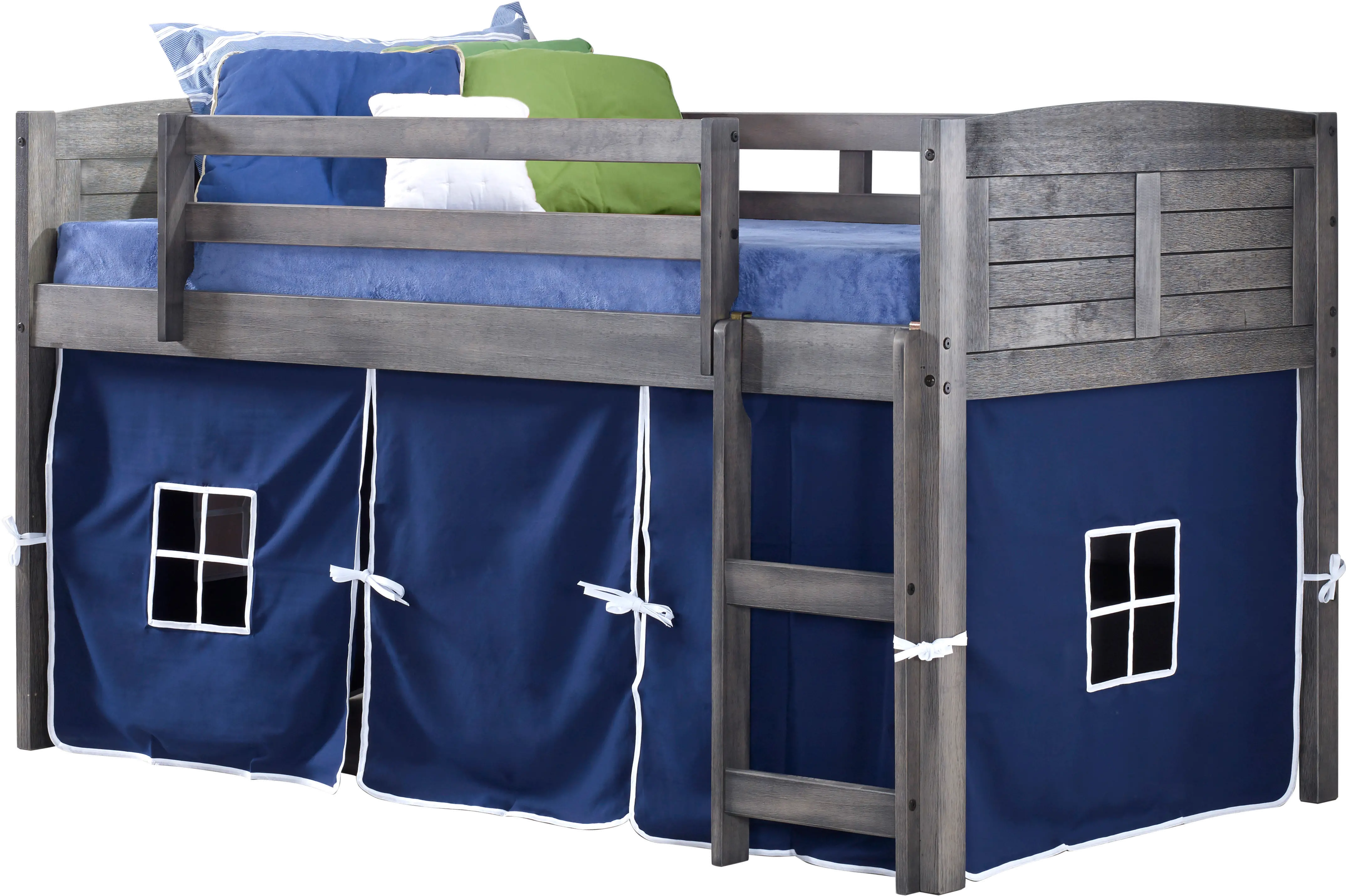 Louver Antique Gray Twin Loft Bed with Blue Tent-3