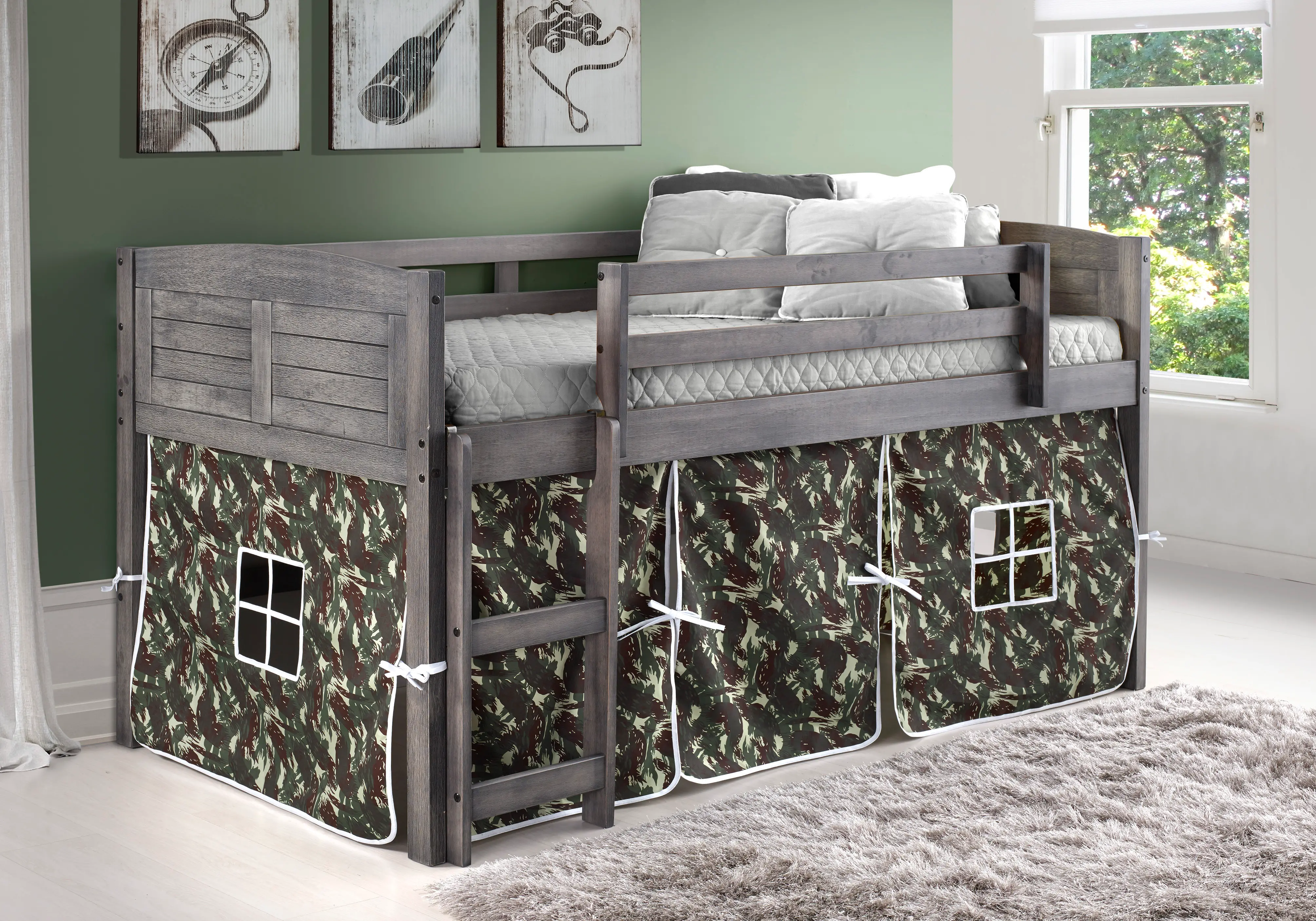 Louver Antique Gray Twin Loft Bed with Camo Tent-2