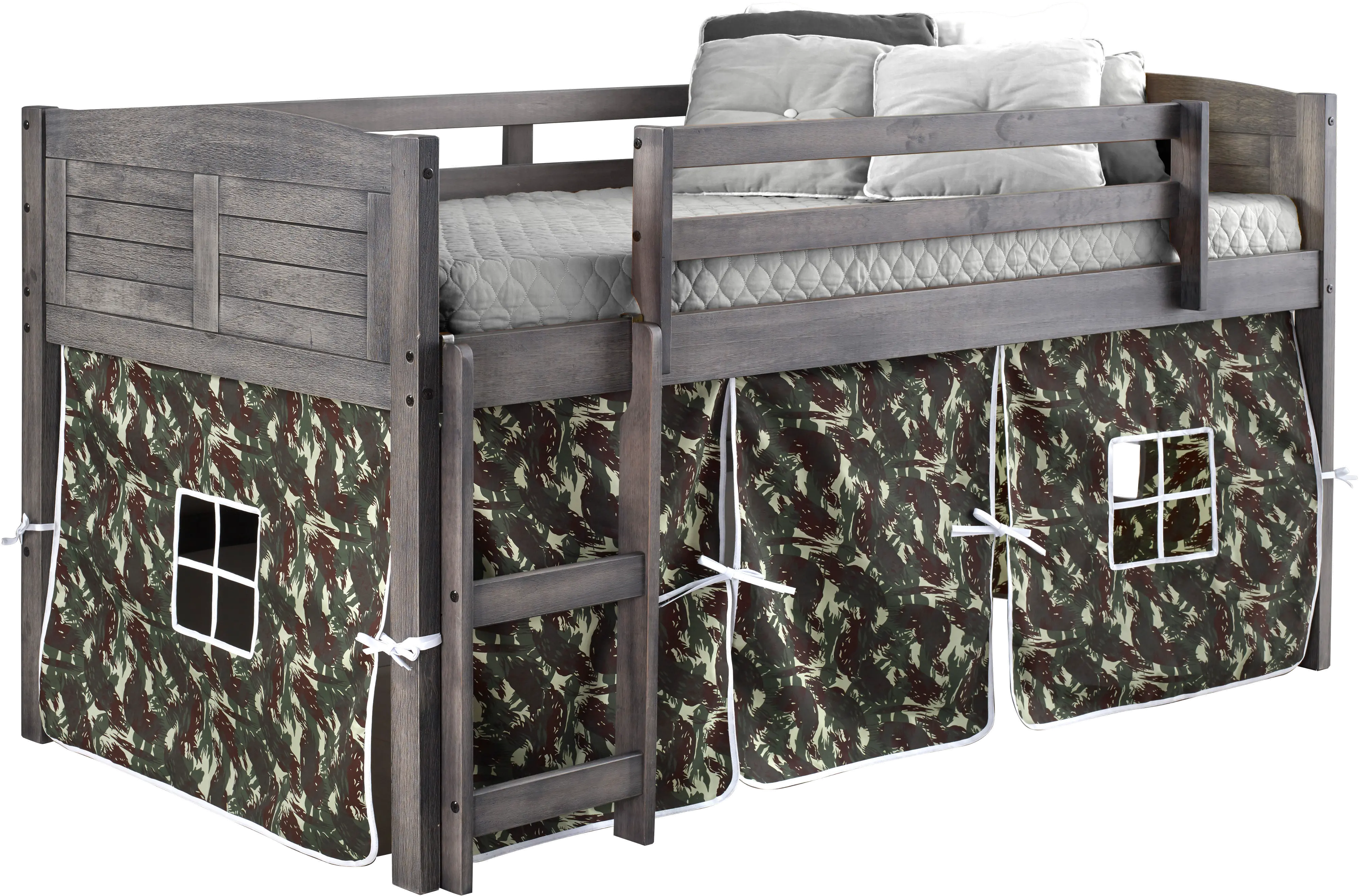 Louver Antique Gray Twin Loft Bed with Camo Tent-1