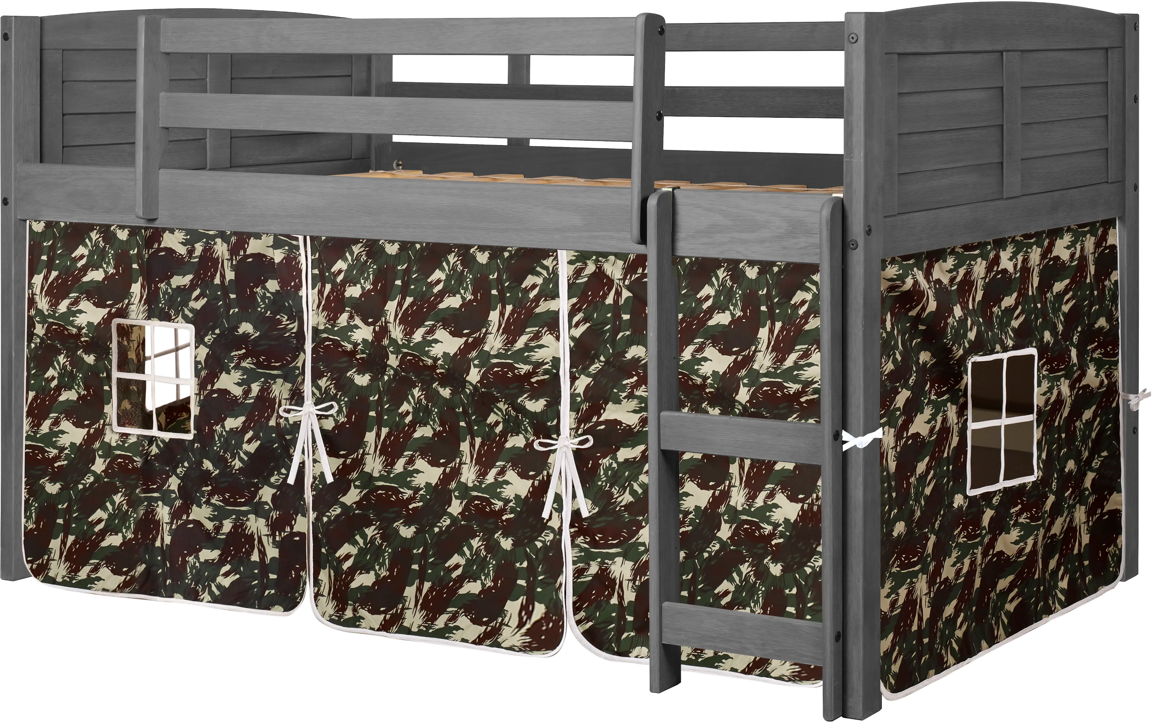 Louver Antique Gray Twin Loft Bed with Camo Tent-3