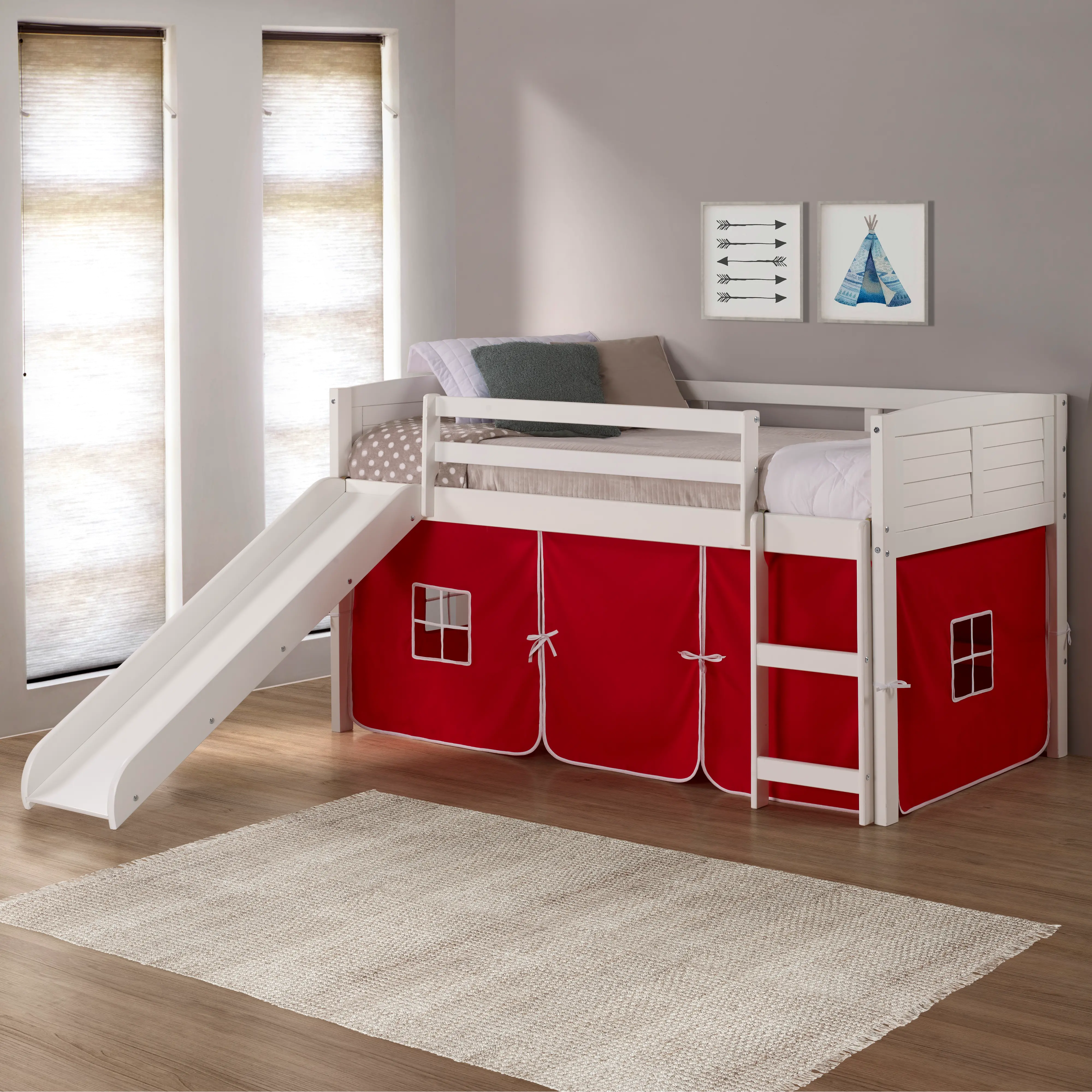Louver White Twin Loft Bed with Red Tent and Slide-2