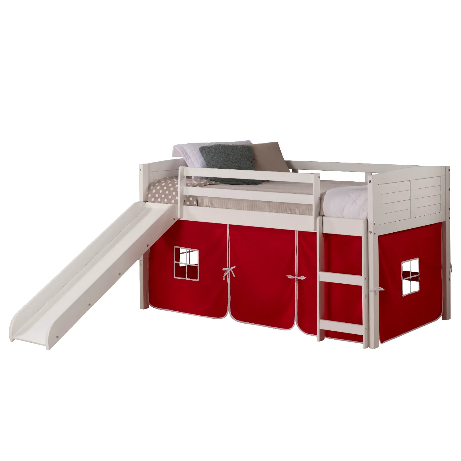 Louver White Twin Loft Bed with Red Tent and Slide-1