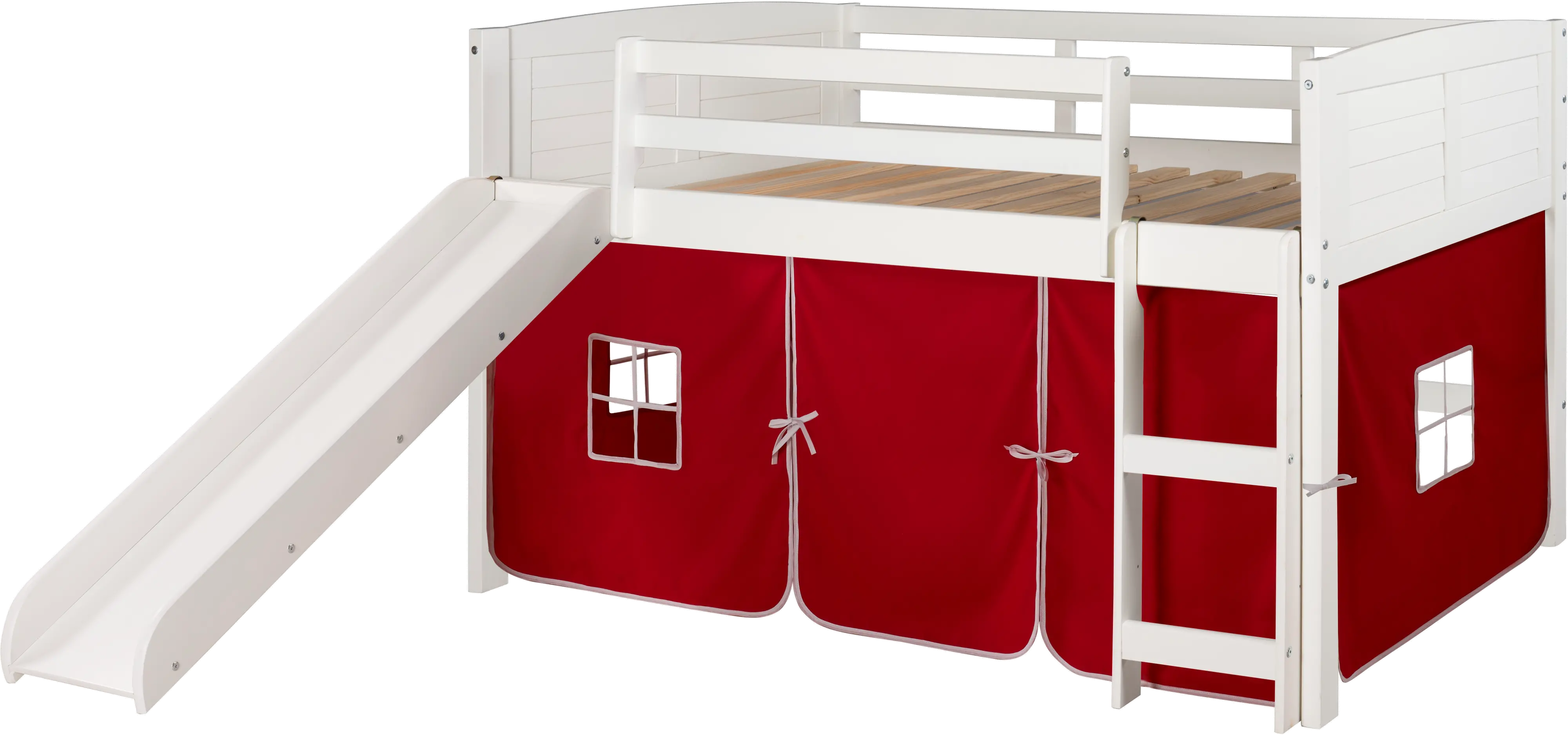 Louver White Twin Loft Bed with Red Tent and Slide-3