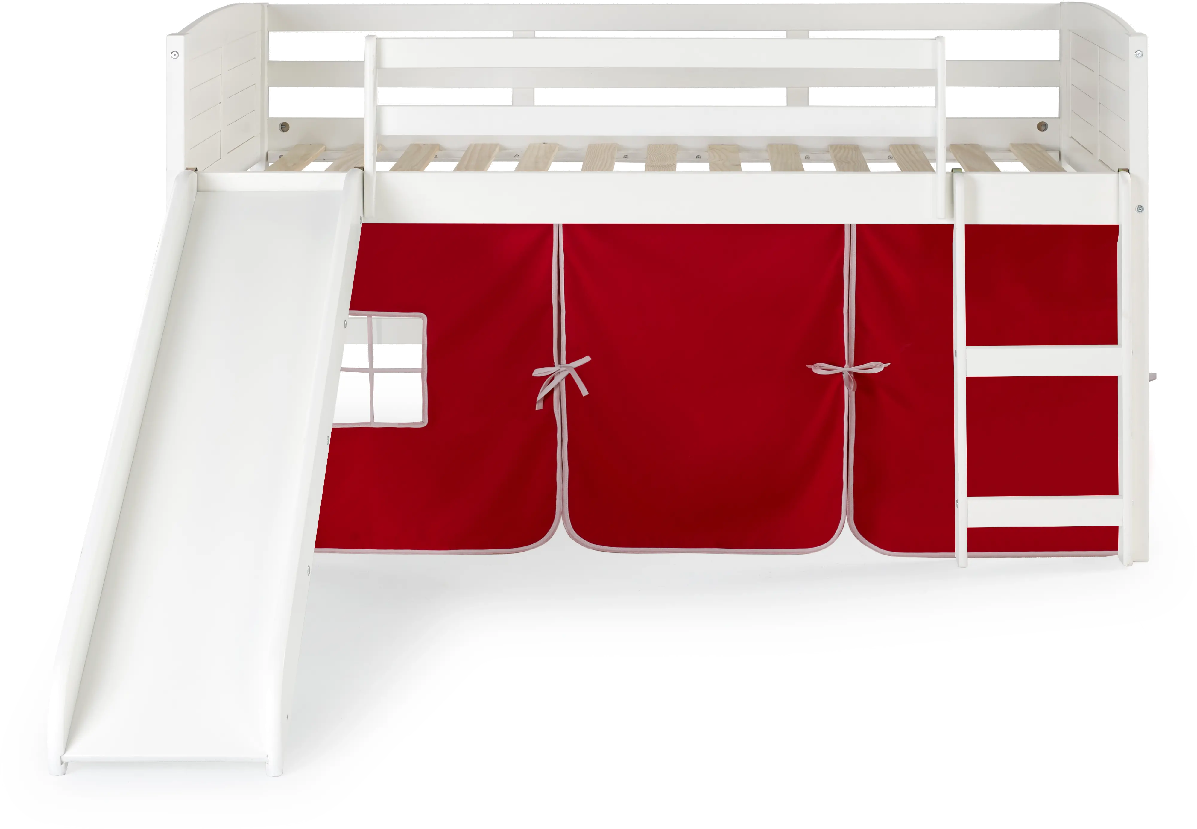 Louver White Twin Loft Bed with Red Tent and Slide-4