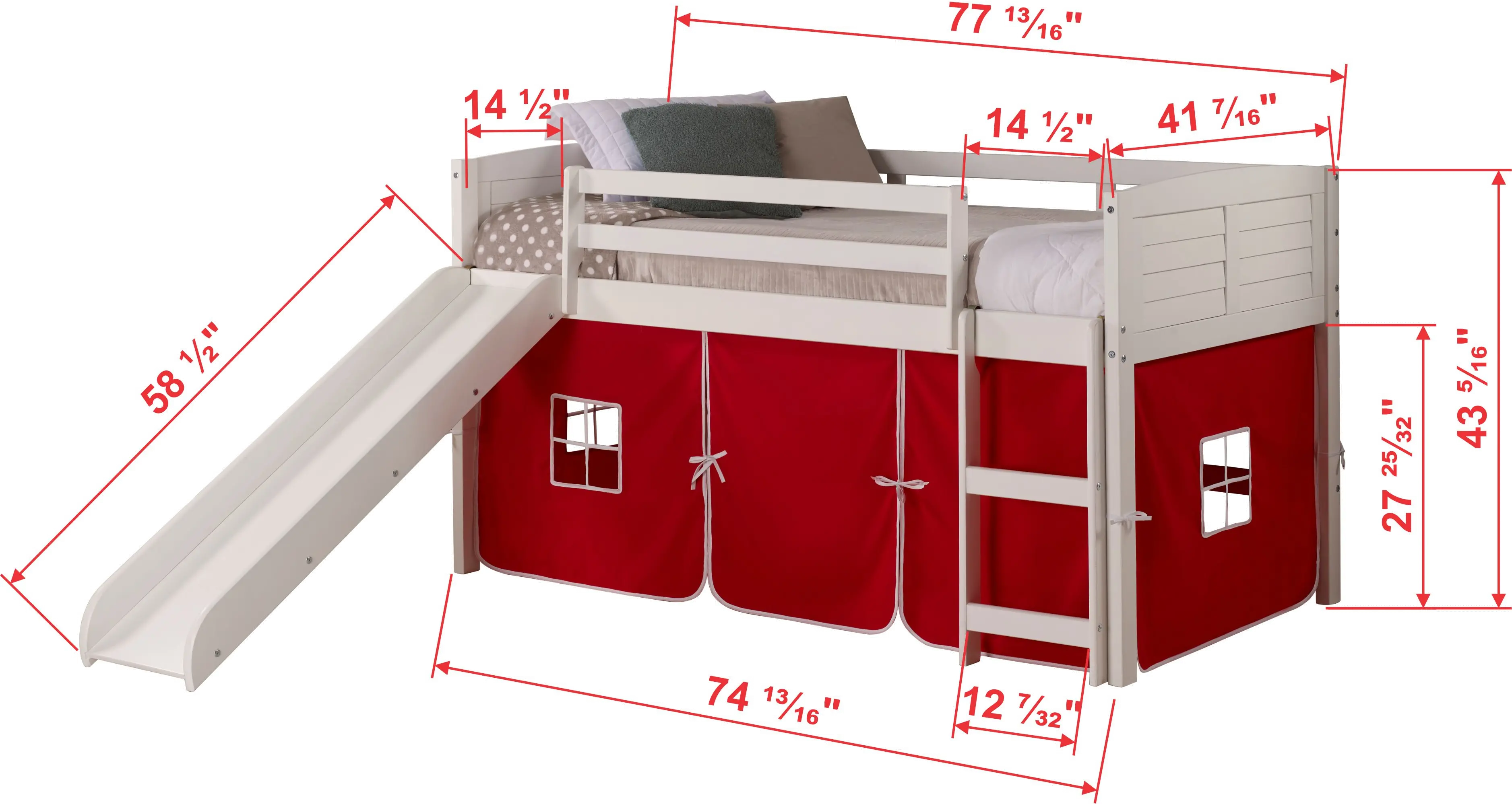 Louver White Twin Loft Bed with Red Tent and Slide-5