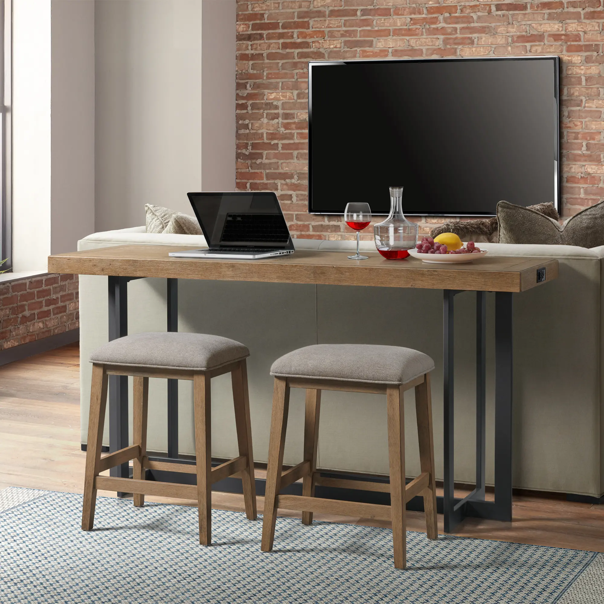 Eden Brown and Black Sofa Table with Upholstered Stools-2