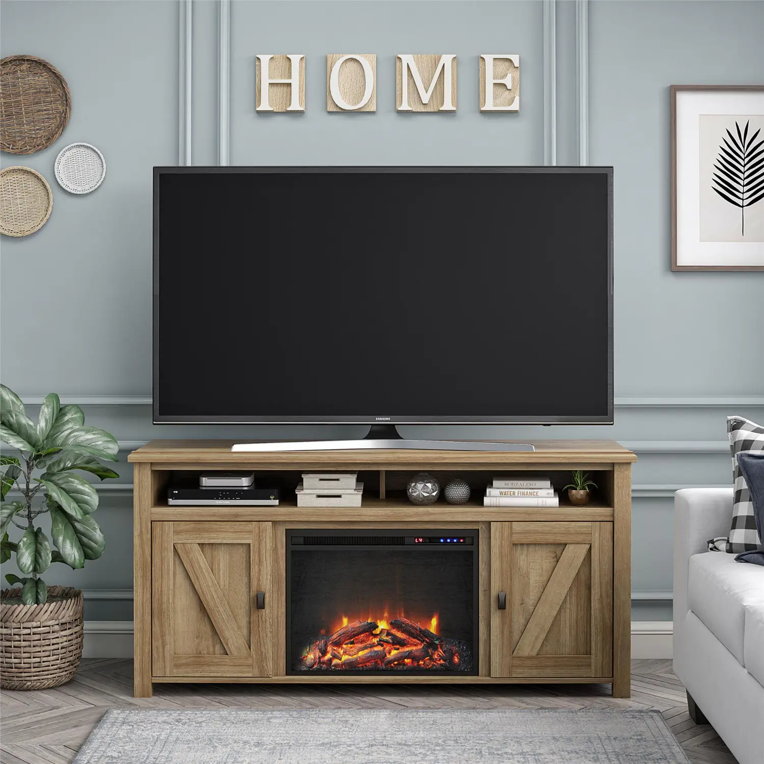Farmington Light Brown 60 Electric Fireplace TV Console-1