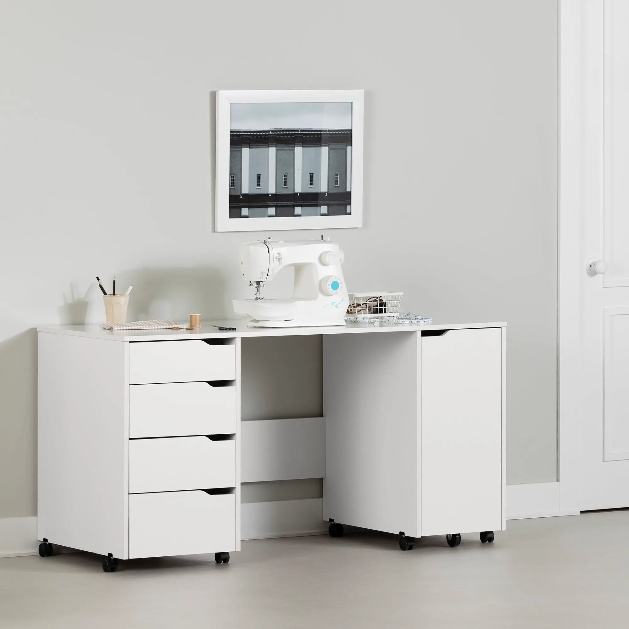 7550728 Crea White Sewing Craft Table with Wheels - South Shore-2