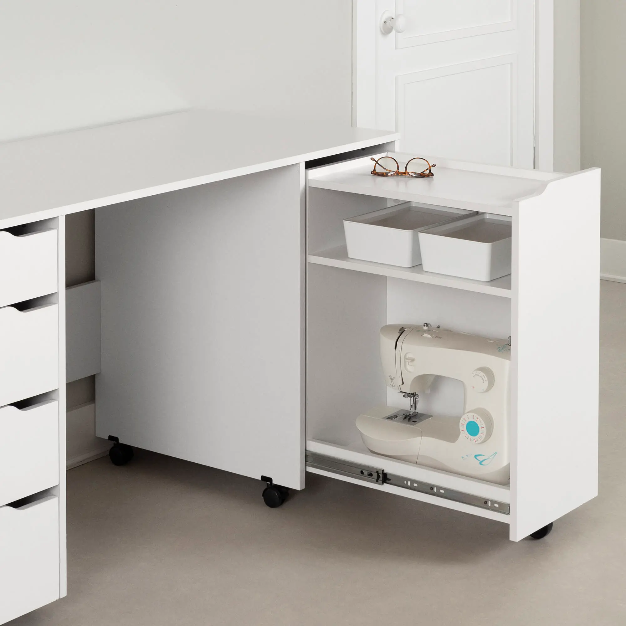7550728 Crea White Sewing Craft Table with Wheels - South Shore-3