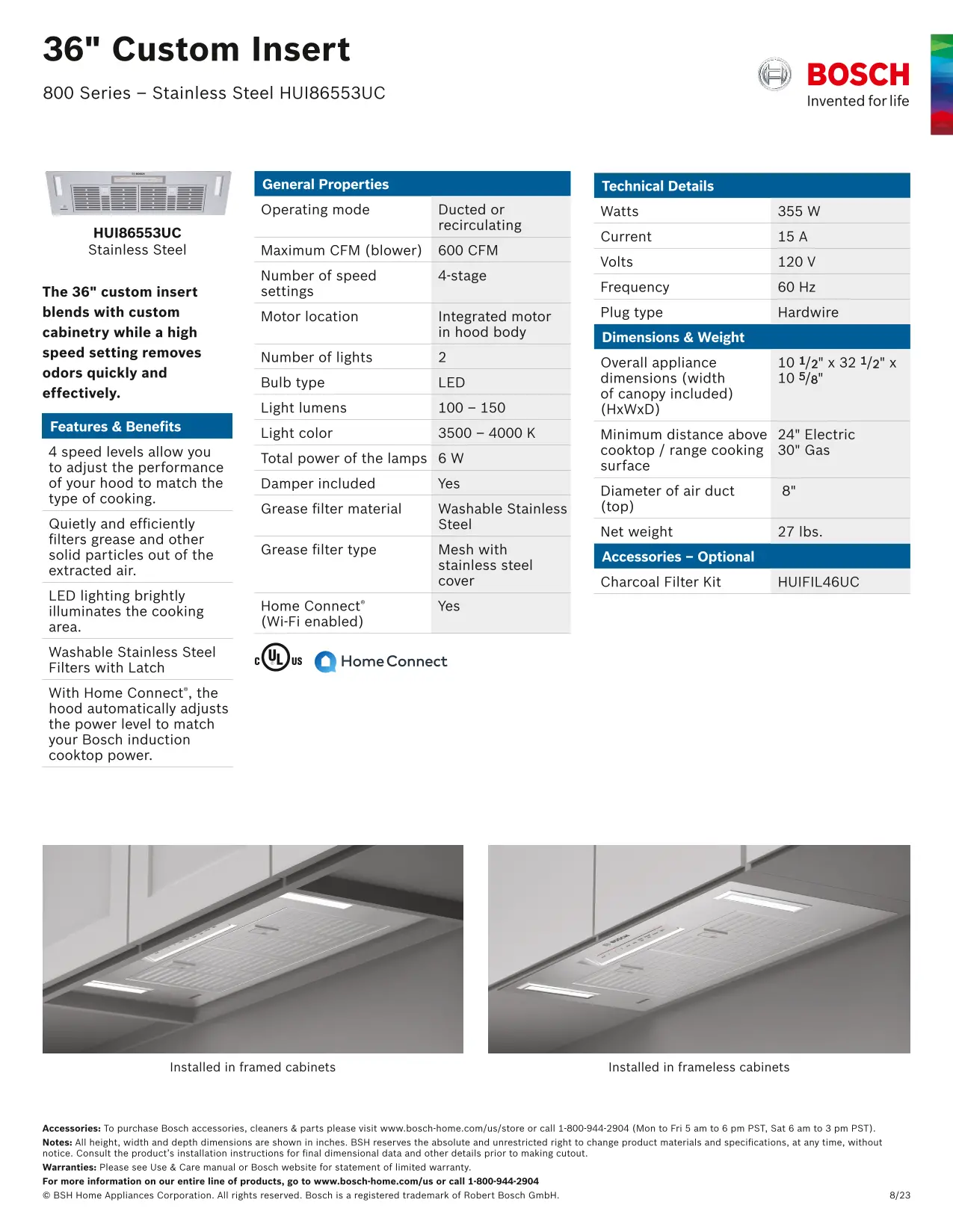 HUI86553UC Bosch 800 Series 32 Custom Hood Insert - Stainless Steel-9