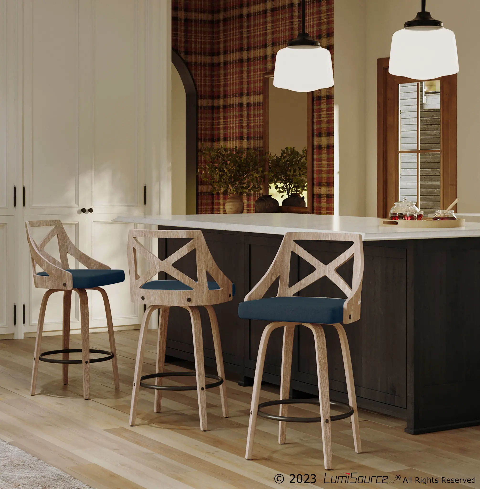 B26-CHARLOT WWBU2 Charlotte Blue & White-Washed Wood Counter Stool, Set of 2-2