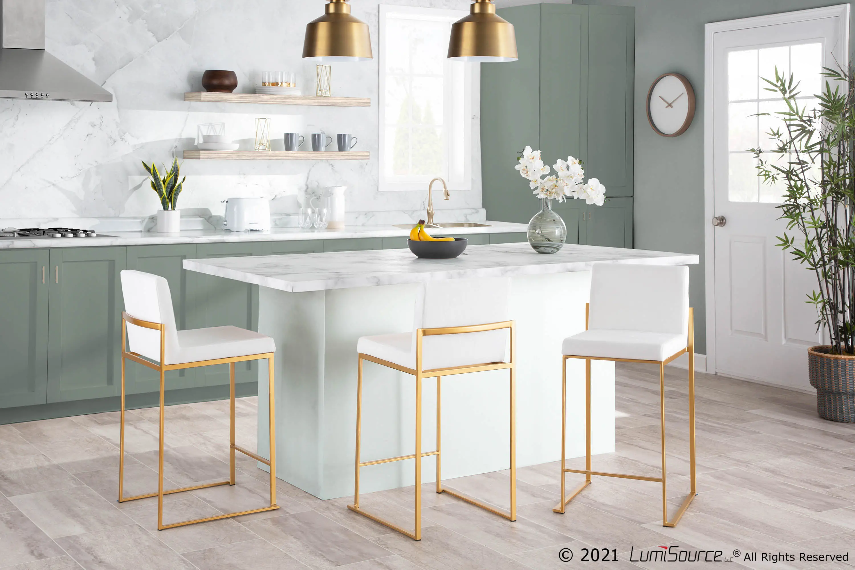 B26-FUJIHB AUW2 Fuji High Back Gold & White Faux Leather Counter Stools, Set of 2-2