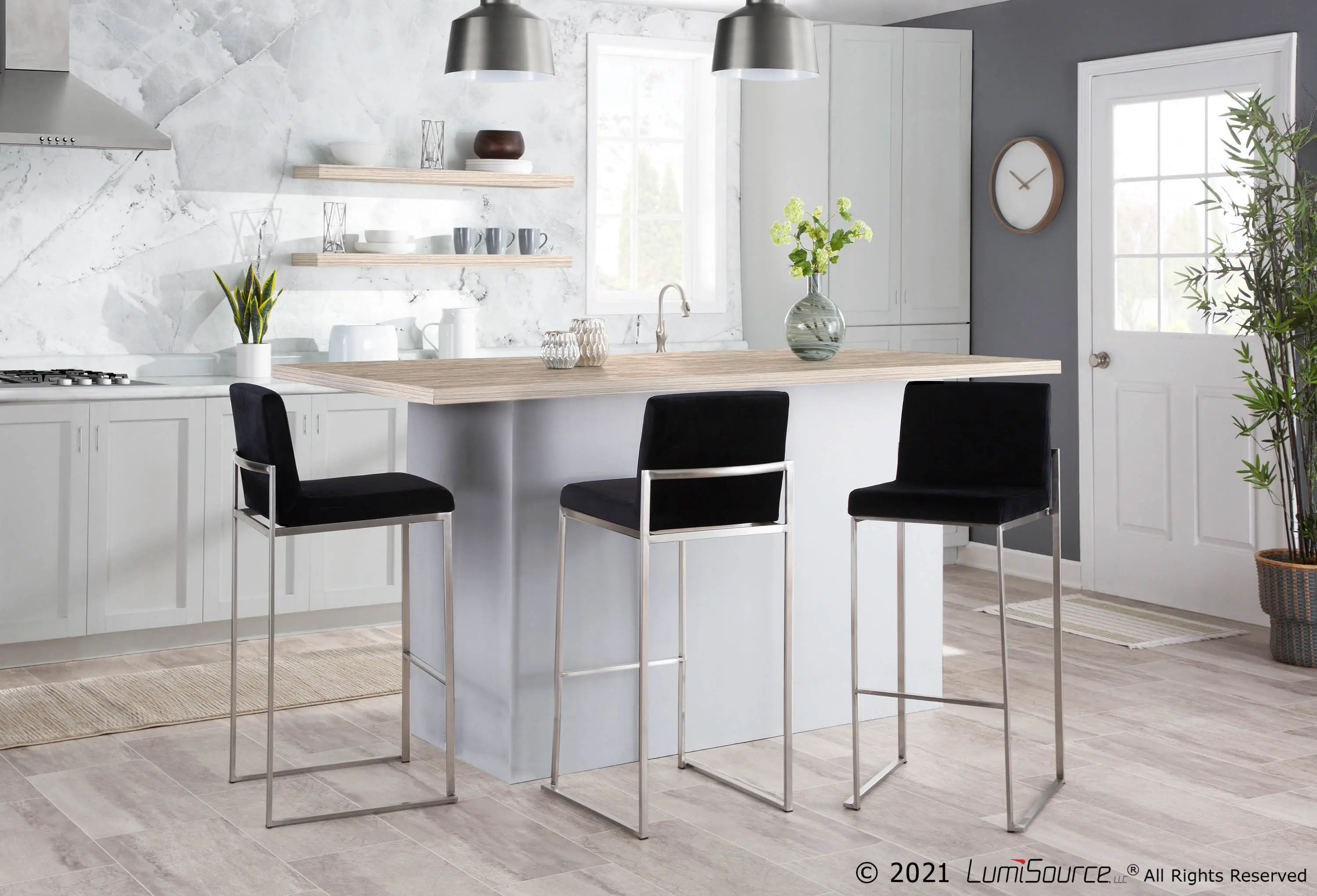 B30-FUJIHB SSVBK2 Fuji High Back Stainless & Black Velvet Barstools, Set of 2-2