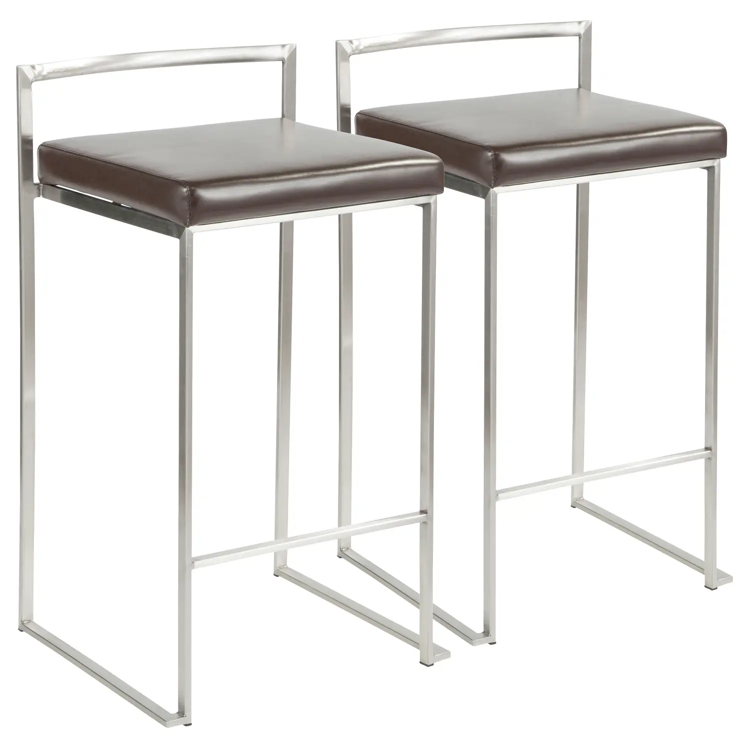 CS-FUJI BN2 Fuji Low Back Stainless & Brown Faux Leather Counter Stools, Set of 2-1