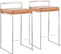 B26-FUJI CAM2 Fuji Low Back Stainless & Camel Faux Leather Counter Stools, Set of 2