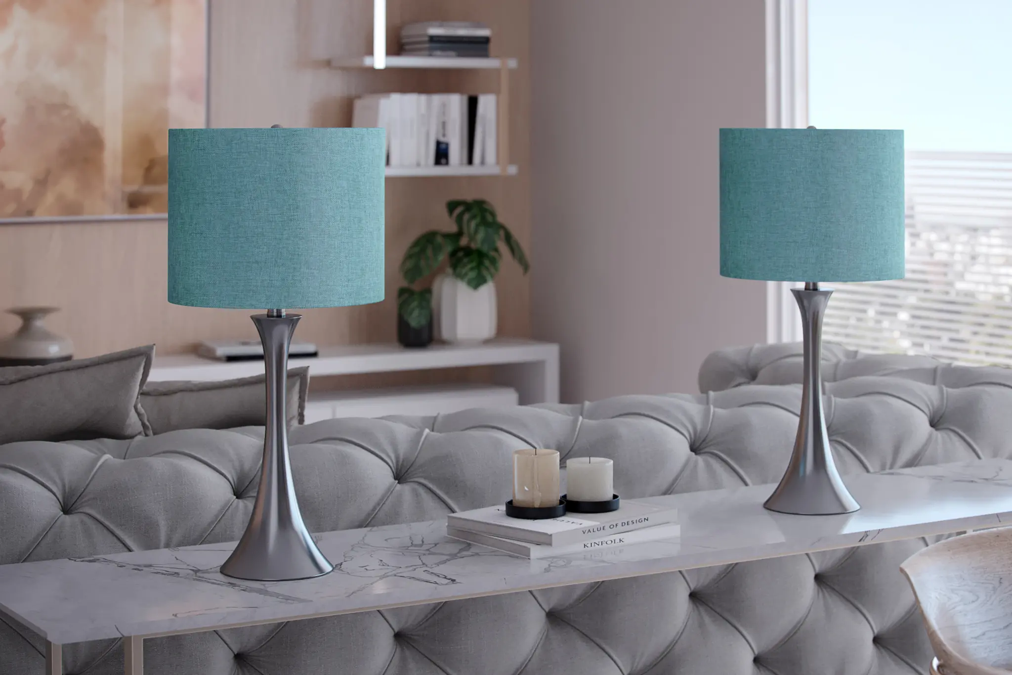 TL24-LENUXE-DBL NITQ2 Lenuxe Nickel Table Lamps with Turquoise Shades, Set of 2-2