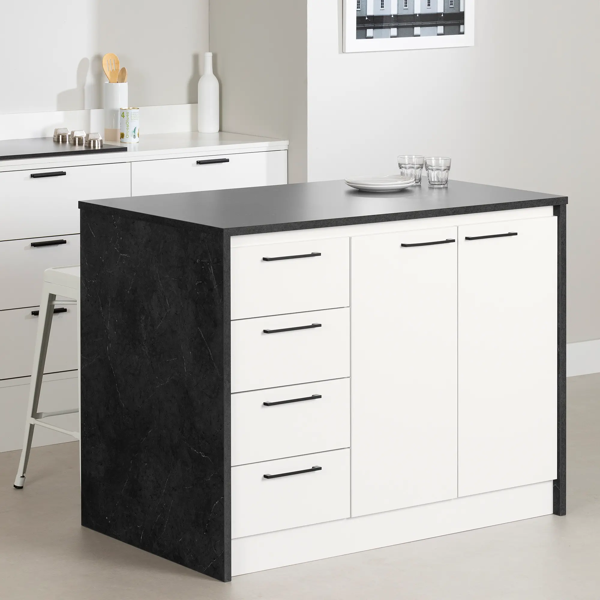 14440 Myro Faux Black Stone and White Kitchen Island - South Shore-2