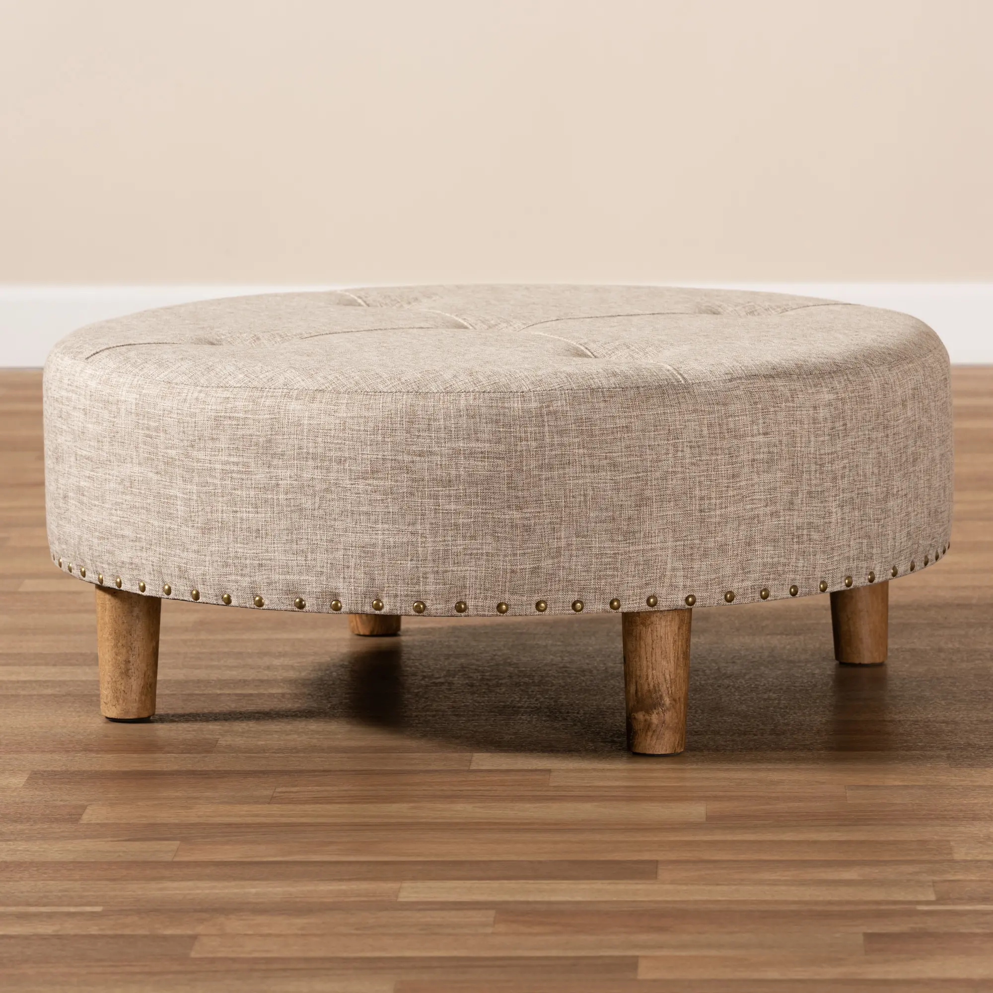 153-9199-RCW Vinet Beige Upholstered Round Cocktail Ottoman-2