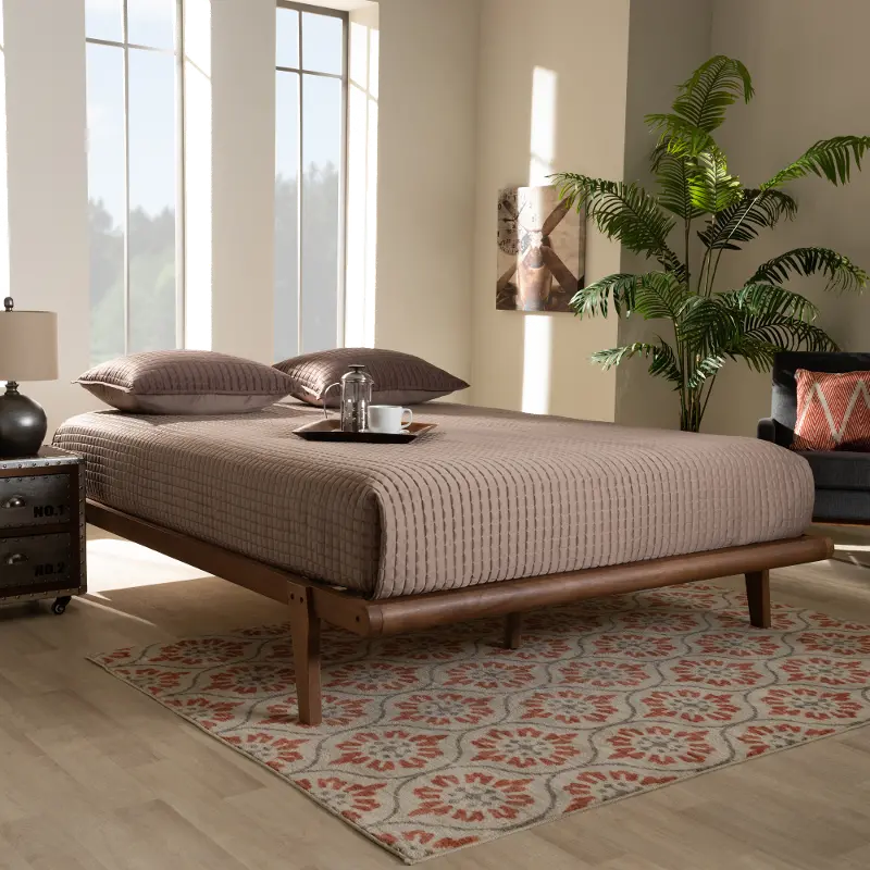Kaia Walnut Brown Wood Queen Platform Bed Frame