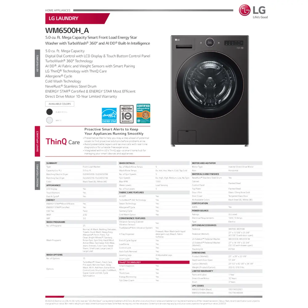 WM6500HBA LG 5 cu ft Front Load Washer - Black Steel 6500B-18