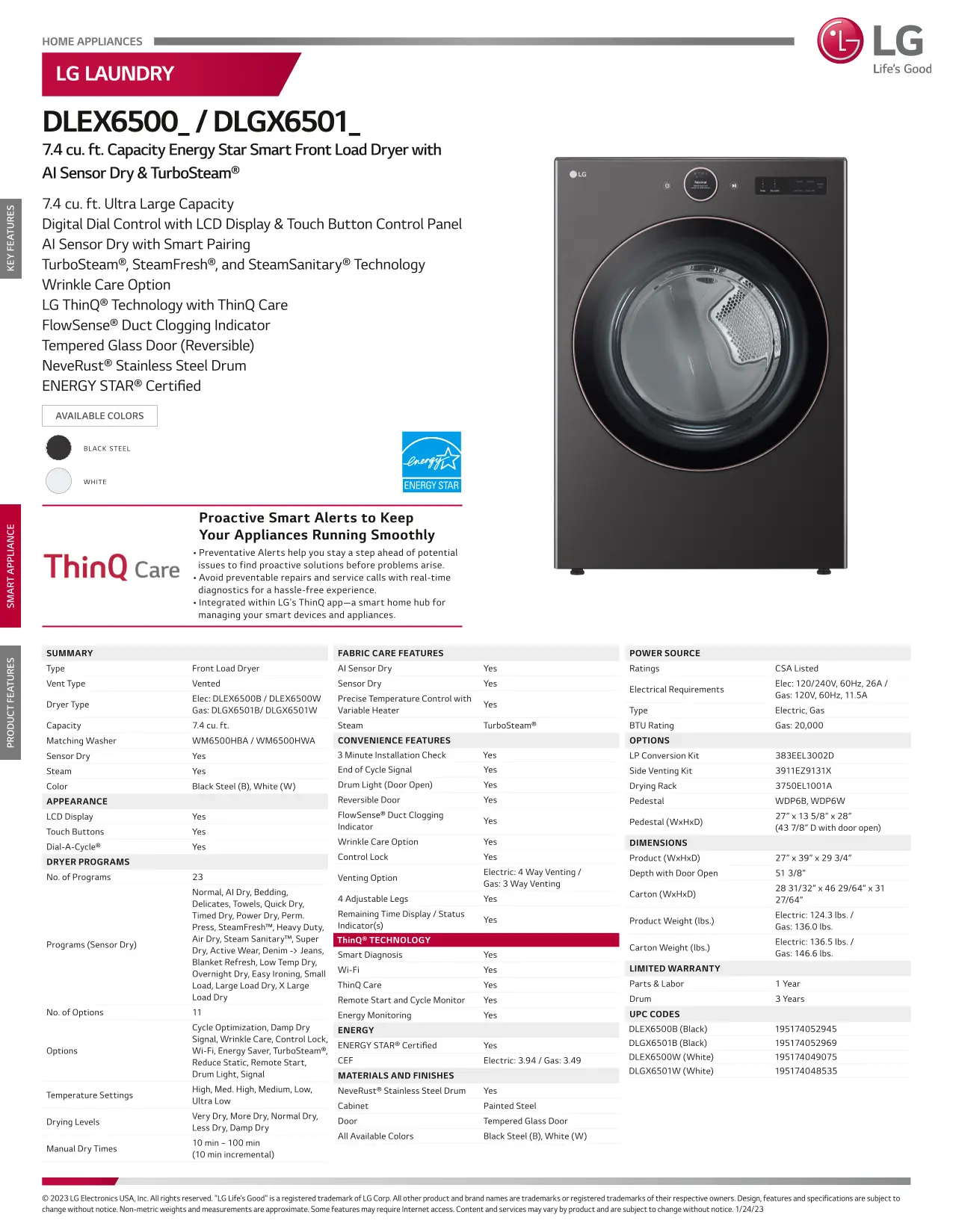 DLEX6500B LG 7.4 cu ft Electric Dryer - Black Steel 6500B-18