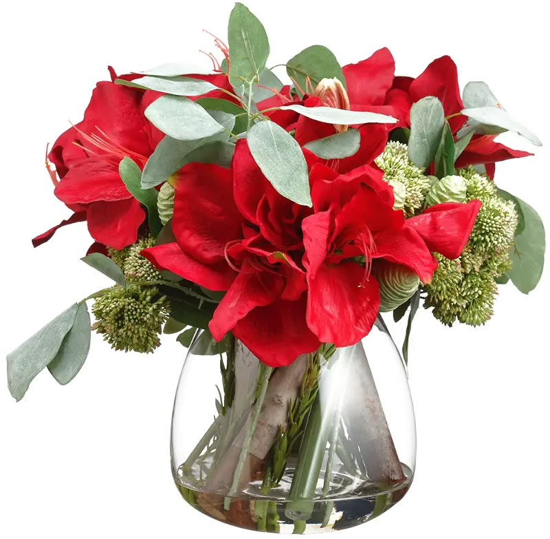 13 Inch Amaryl, Eucalyptus and Sedum In Glass Vase