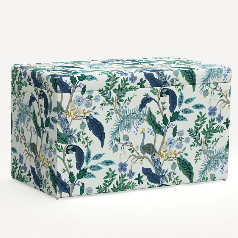 Rifle Paper Co. Willie Blue & White Peacock Storage Bench