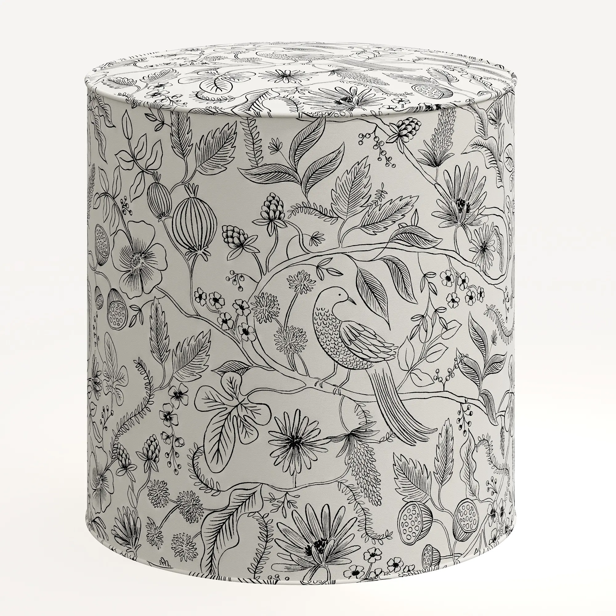 90-2RPCAVBLKCRMLCB Rifle Paper Co. Billie Aviary Cream & Black Round Ottoman-1