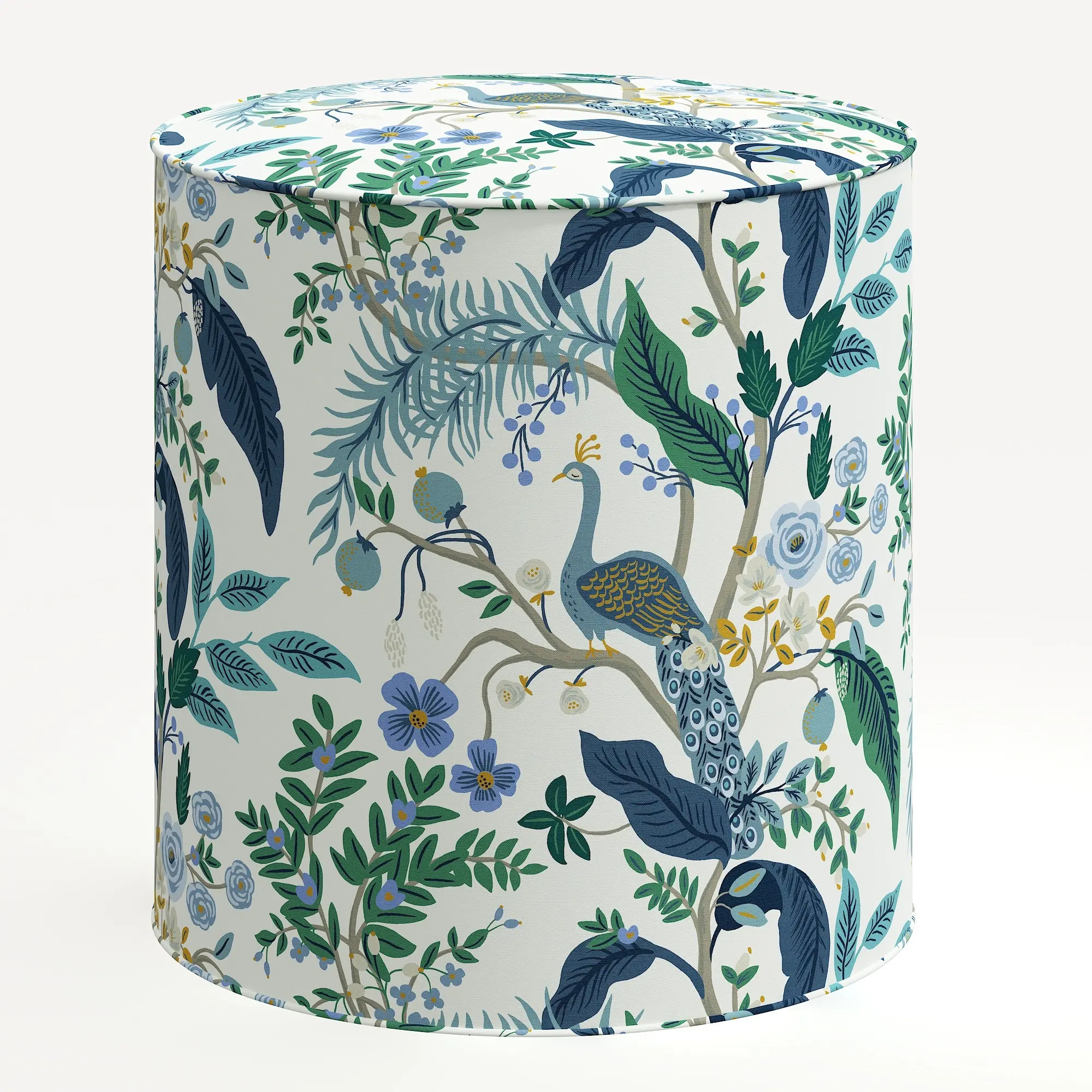 90-2RPCPCBLWHLCB Rifle Paper Co. Billie Blue Peacock Round Ottoman-1