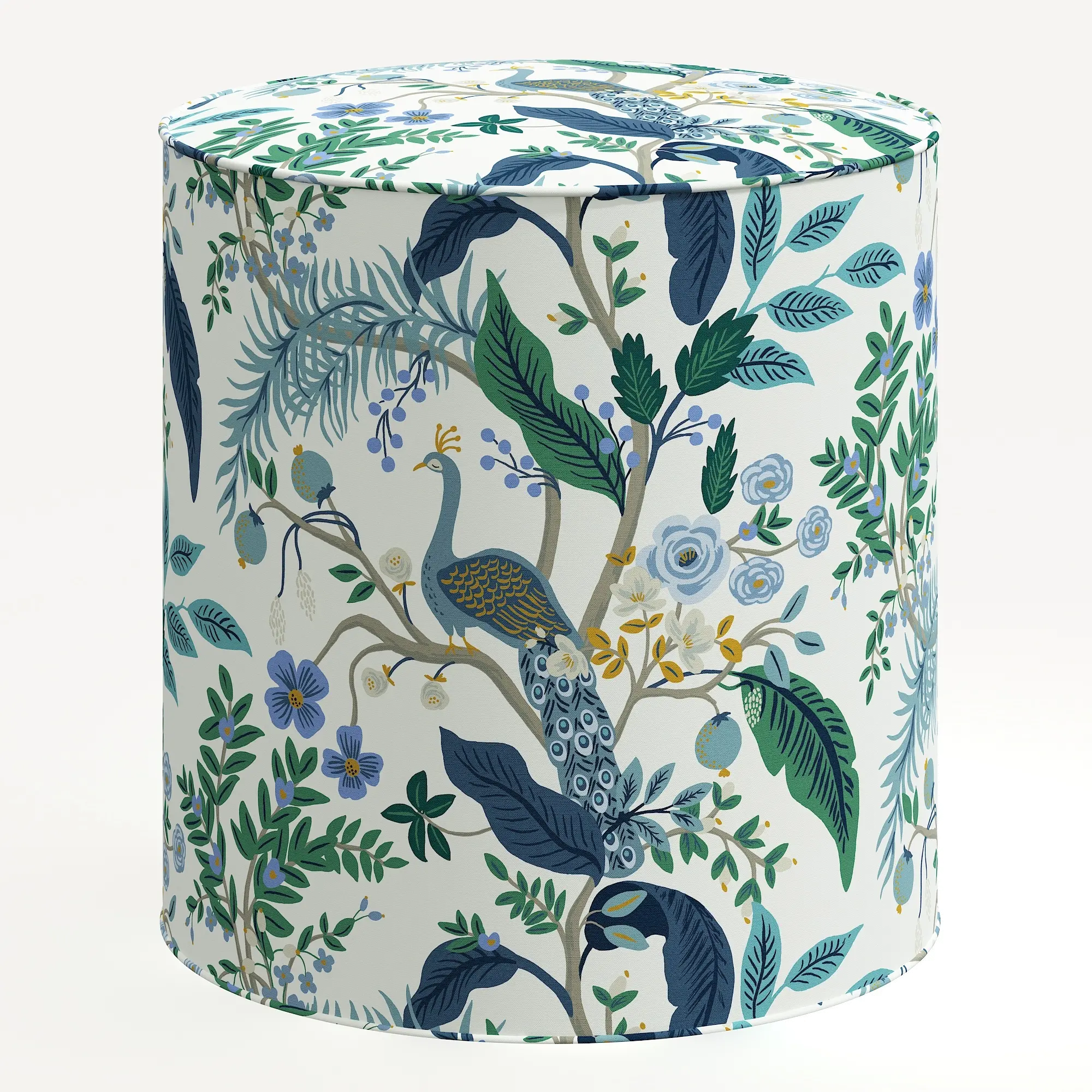 90-2RPCPCBLWHLCB Rifle Paper Co. Billie Blue Peacock Round Ottoman-2