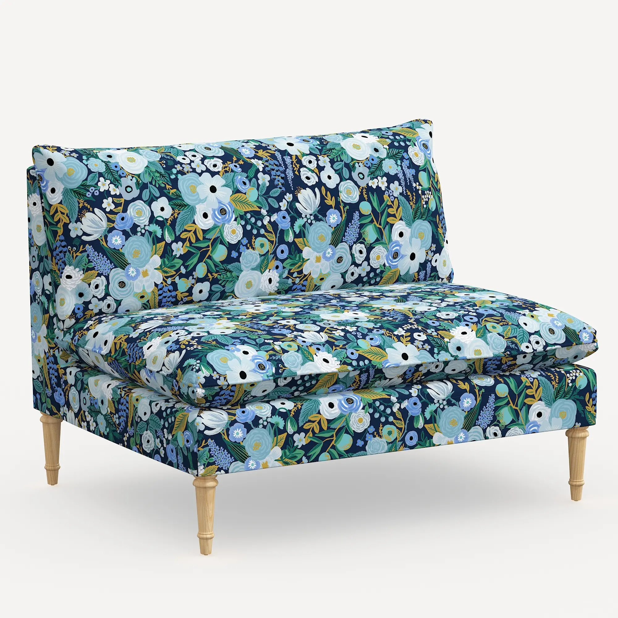 3206NATRPCGRPRBLULCB Rifle Paper Co. Louie Garden Party Blue Armless Loveseat-2