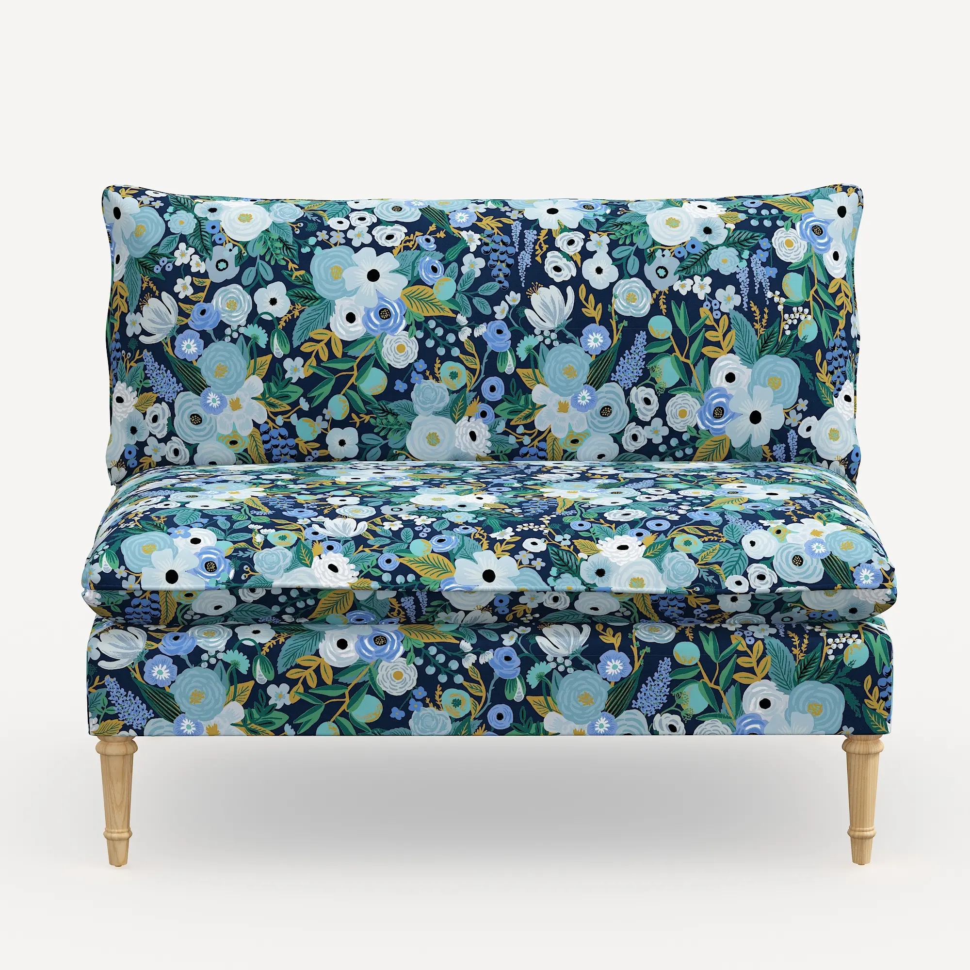 3206NATRPCGRPRBLULCB Rifle Paper Co. Louie Garden Party Blue Armless Loveseat-1
