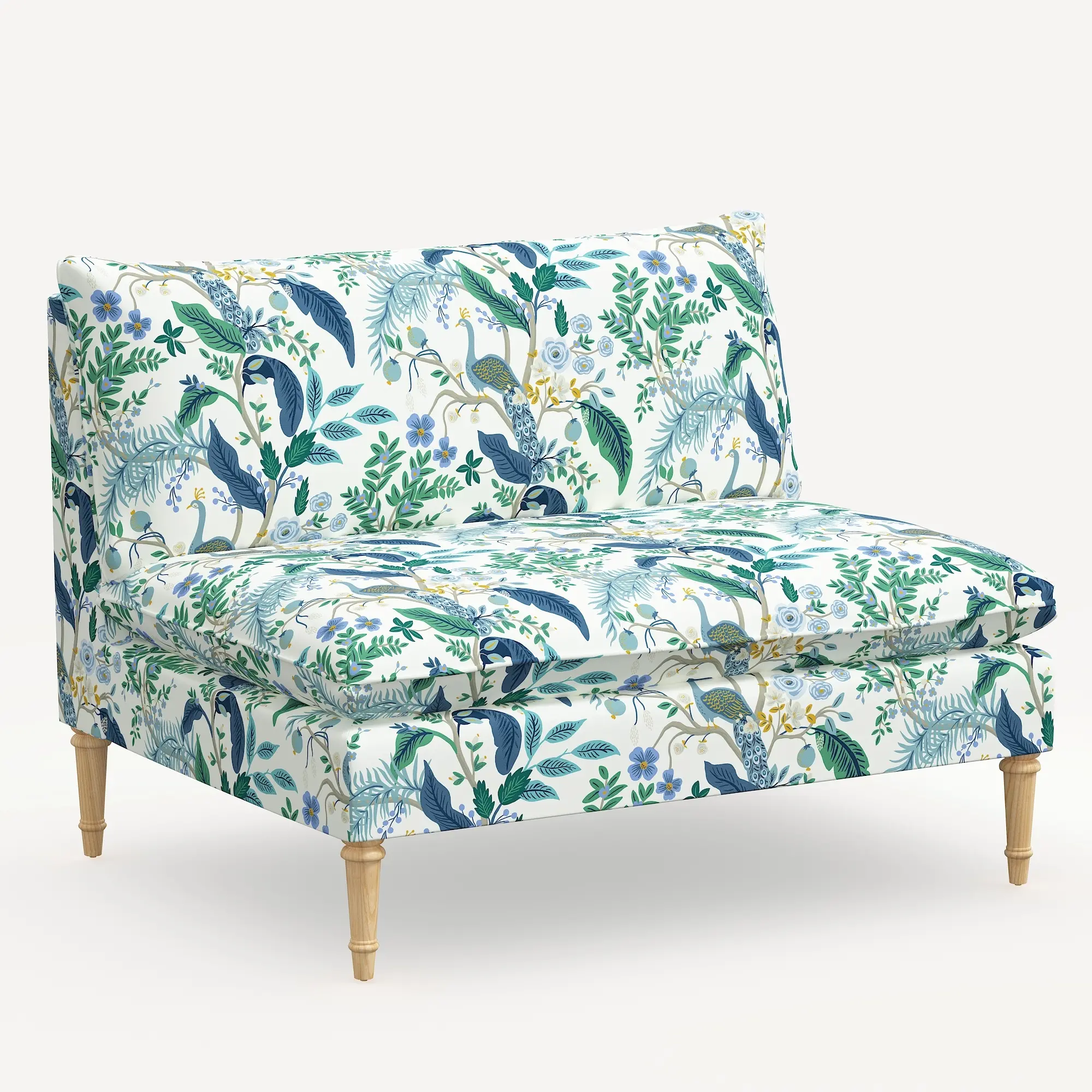 3206NATRPCPCBLWHLCB Rifle Paper Co. Louie Blue Peacock Armless Loveseat-2
