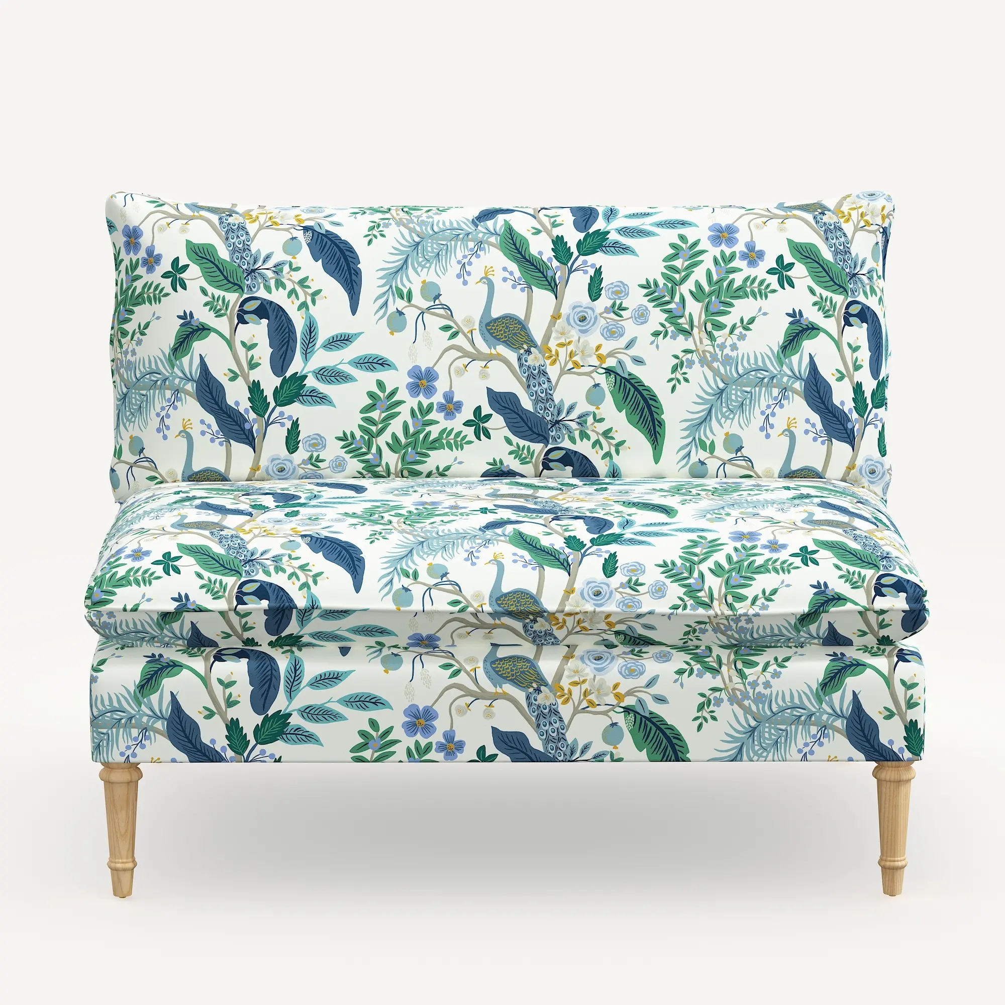 3206NATRPCPCBLWHLCB Rifle Paper Co. Louie Blue Peacock Armless Loveseat-1
