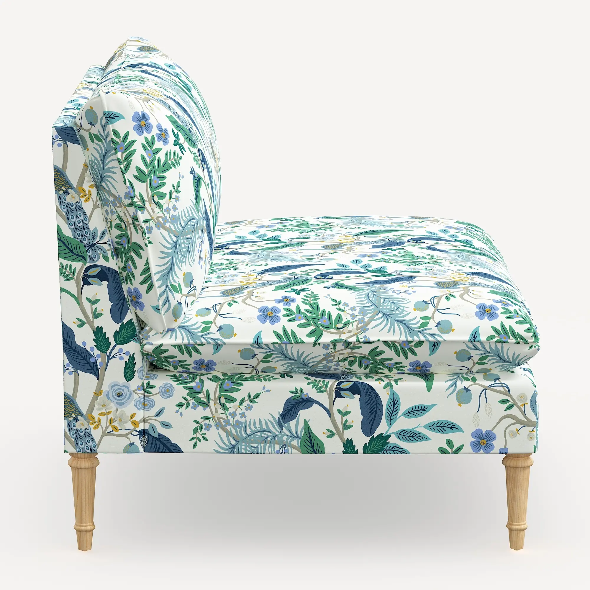 3206NATRPCPCBLWHLCB Rifle Paper Co. Louie Blue Peacock Armless Loveseat-3