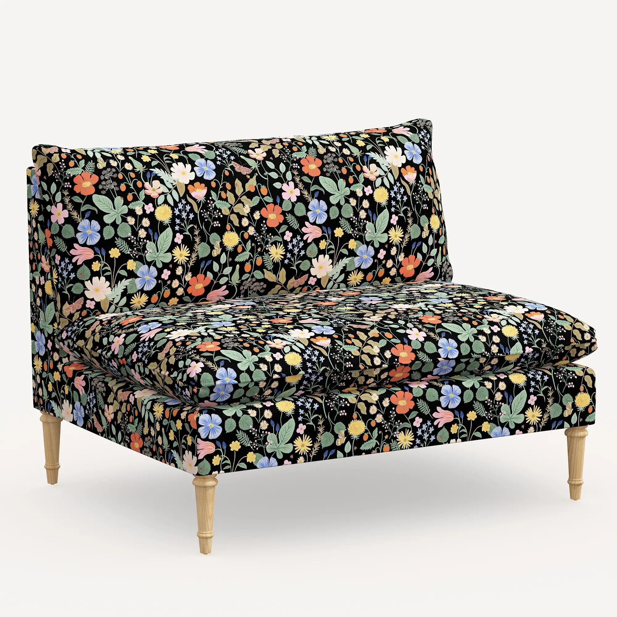 3206NATRPCSTFLBLKLCB Rifle Paper Co. Louie Black Strawberry Fields Armless Loveseat-1