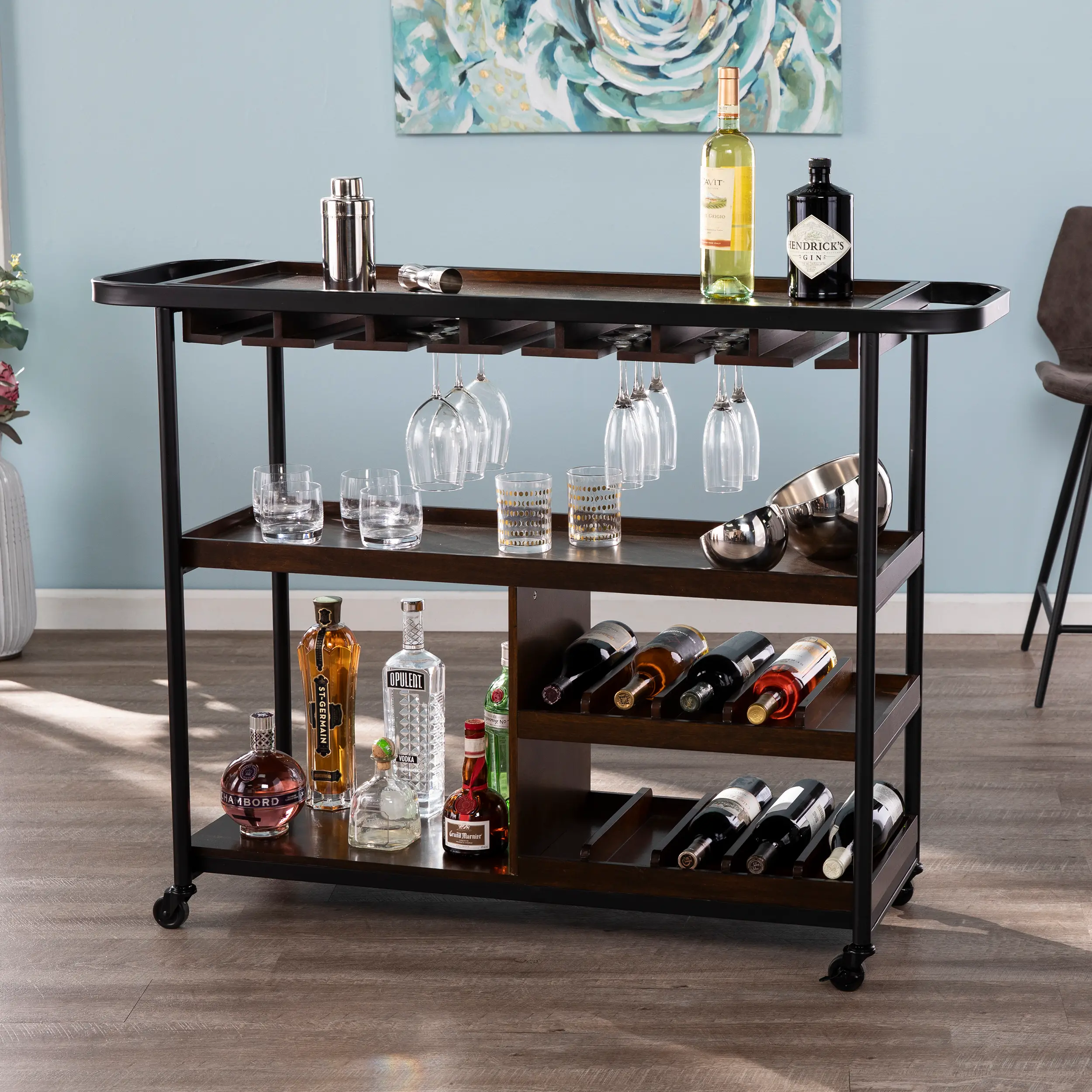 HZ2598 Tonsley Brown Rolling Wine Cart-2