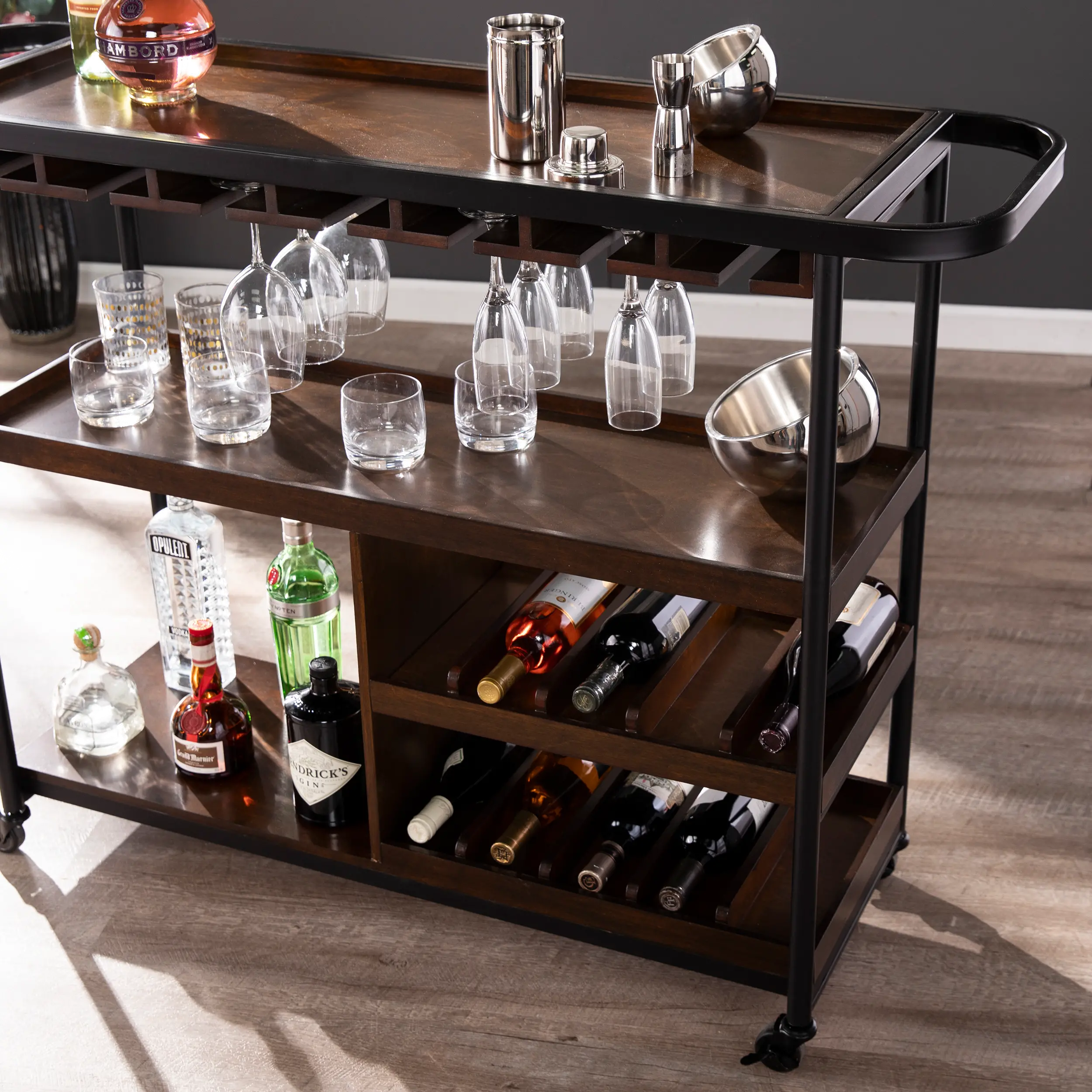 HZ2598 Tonsley Brown Rolling Wine Cart-3