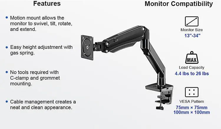 ErgoAV Gas Spring Mounting Arm For Monitors 13 to 34 -6