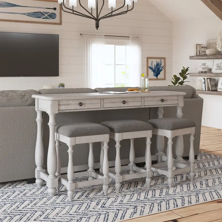 Newhaven Weathered White Sofa Table and Stool Set-2