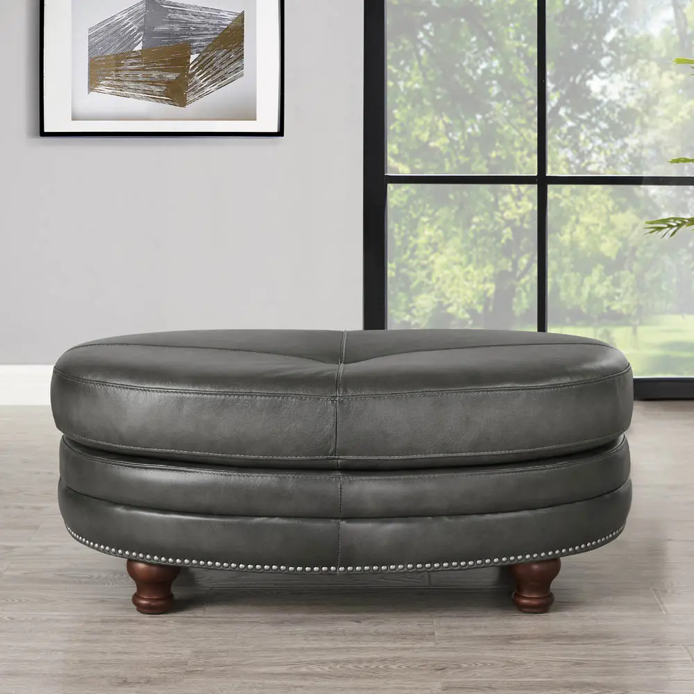 Billingham Ash Gray Leather Oval Ottoman-1