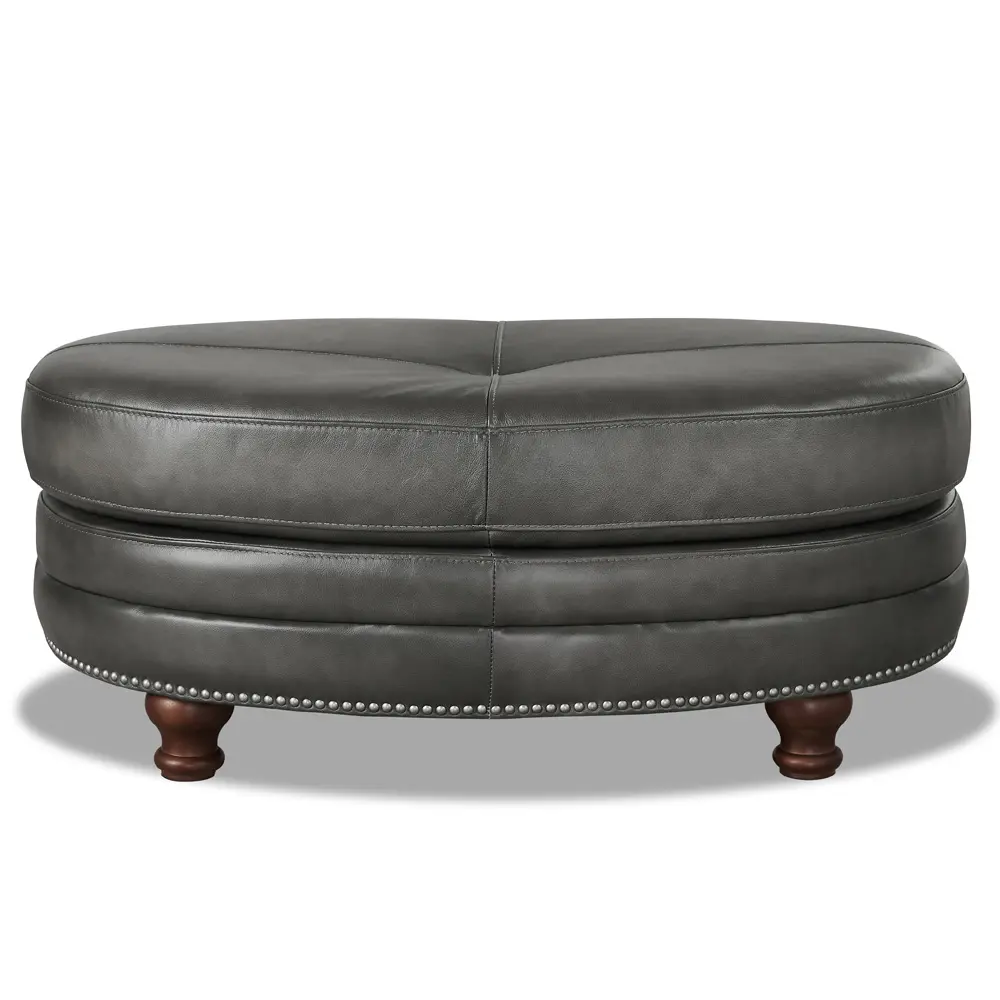 Billingham Ash Gray Leather Oval Ottoman-2