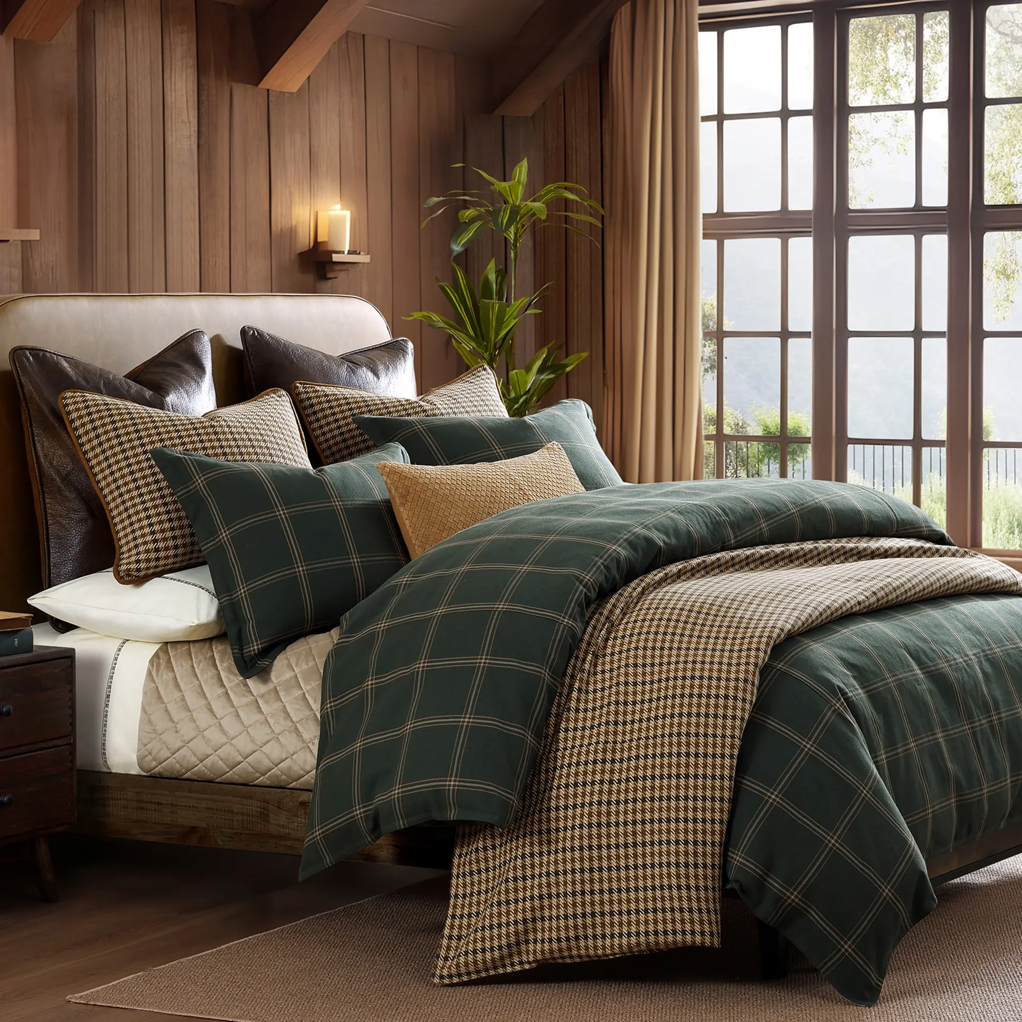 Windowpane Plaid Green Queen 3-Piece Comforter Set-1