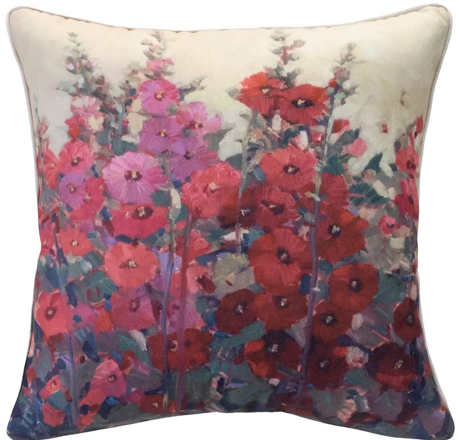 Red and Pink Hollyhock Accent Pillow-1