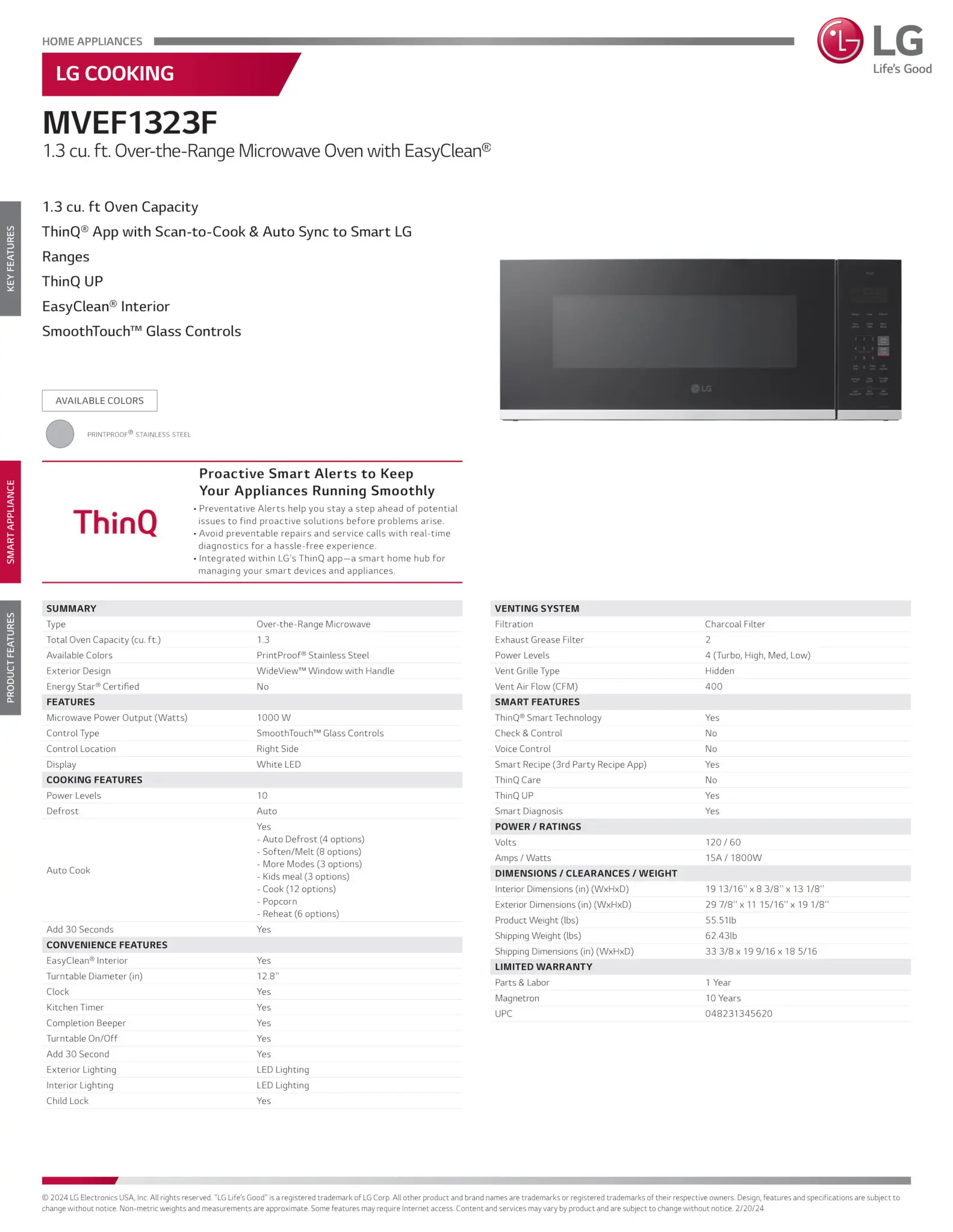 MVEF1323F LG 1.3 Cu Ft Over The Range Microwave - Stainless Steel-12