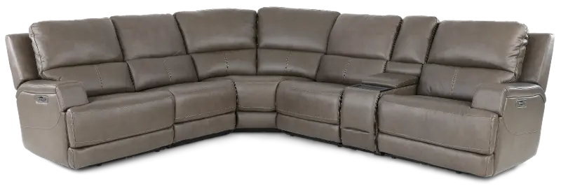 Rushton Lontra Brown Leather 6 Piece Power Reclining Sectional with Multimedia Console