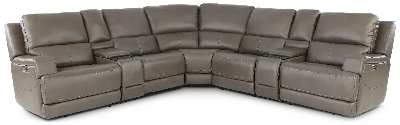 Rushton Lontra Brown Leather 7 Piece Power Reclining Sectional with Multimedia Console